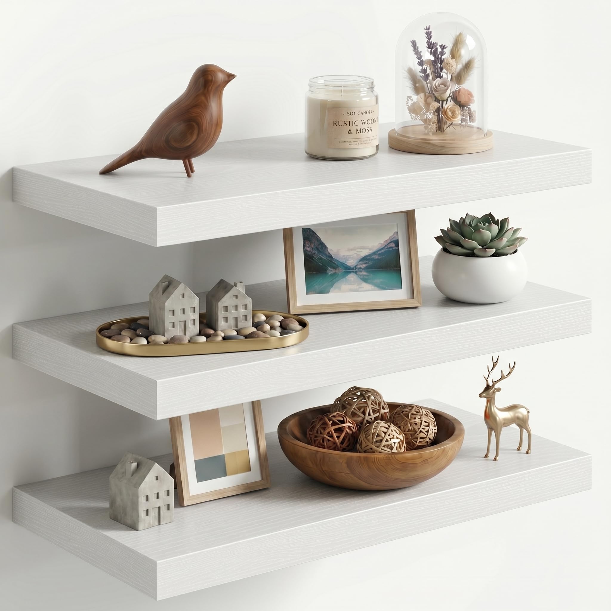 Fun Memories 24 Inch Floating Shelves for Wall, 12" Deep Extra Thick Wood Shelves with Invisible Bracket, Large Wall Mounted Storage Shelf for Living Room Bedroom Kitchen, White, Set of 3