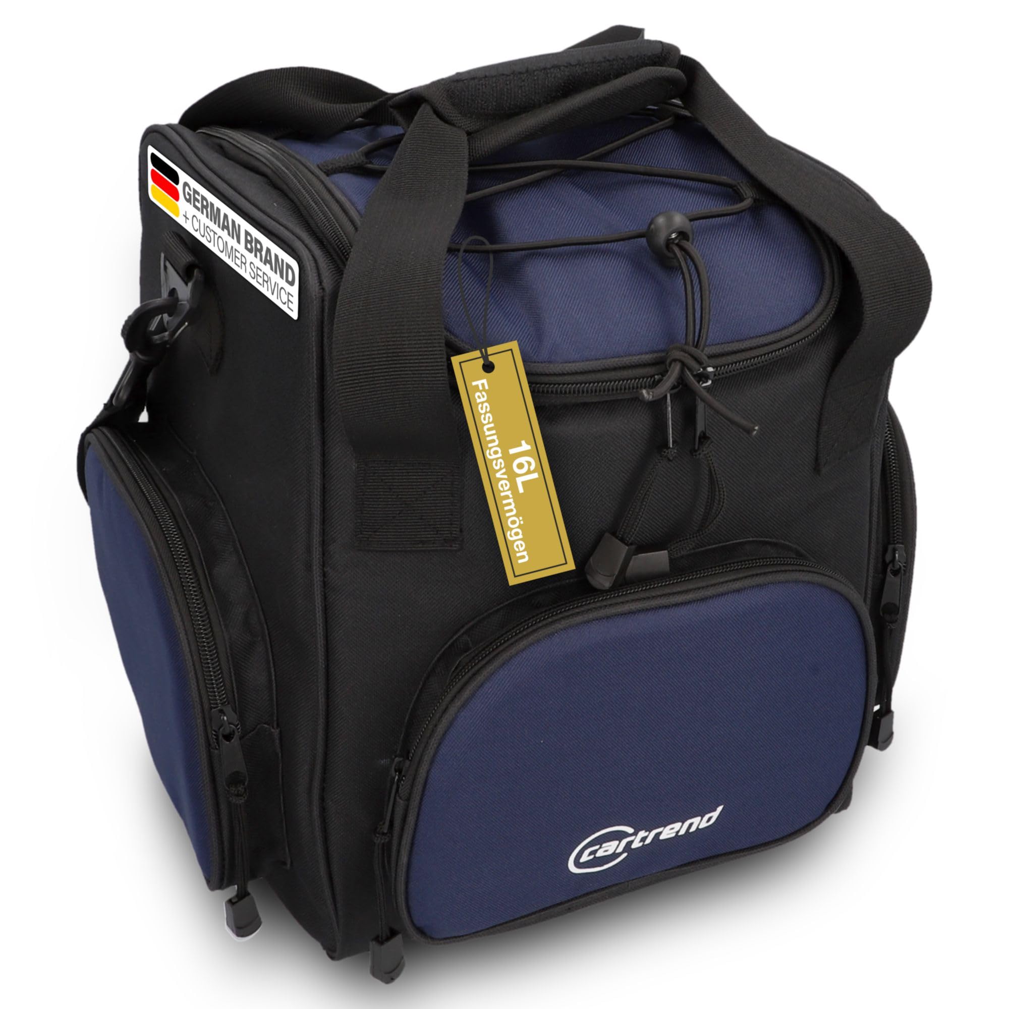 cartrend Kühltasche 16 L, mit 12V KFZ-Anschlusskabel 1,50 m lang, Verstellbarer Schultergurt, 3 Front- und Seitentaschen mit Reißverschluss, Pflegeleichte Innenbeschichtung