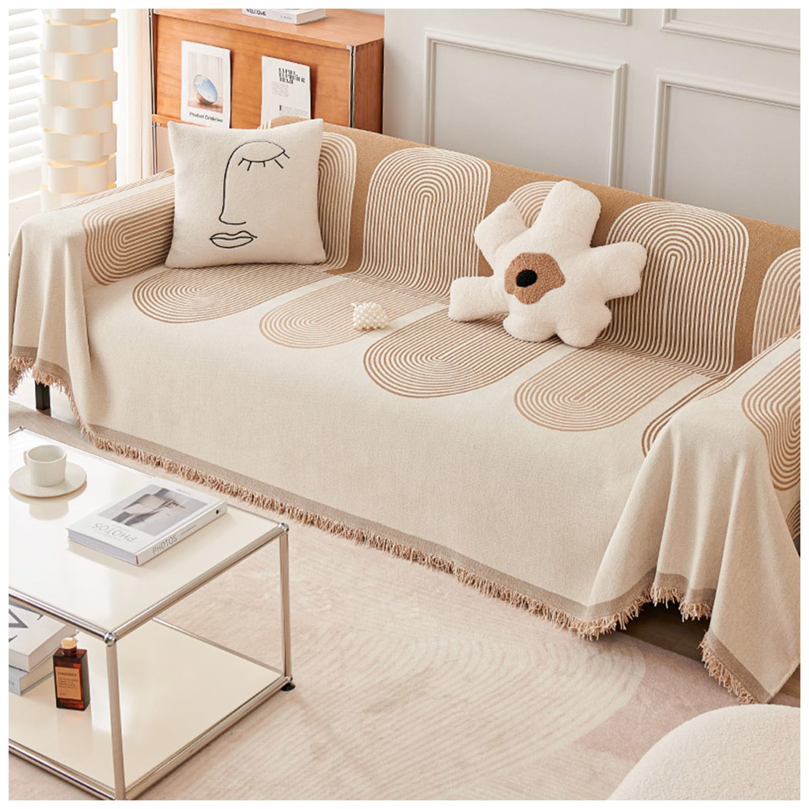 Reversible Chenille Sofa Cover, All-Seasons Chenille Fabric Double-Sided Anti-Scratch Home Decoration Couch Cover, Washable Soft Comfy Chenille Sofa Covers (Beige, 180 * 130cm)