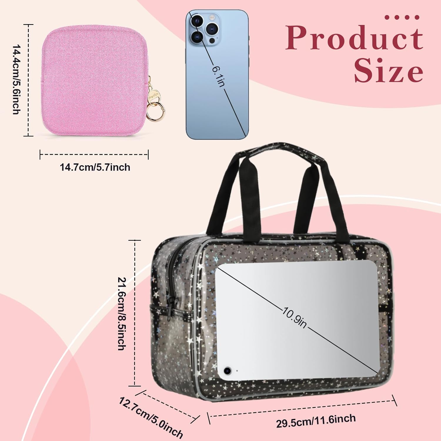 Clear Makeup Bags, Clear Travel Toiletry Bag with Extra Small Glitter Cosmetic Bag, Waterproof Essential Organizer Pouch for Sports Travel Beach (Stars-Black) - Image 2
