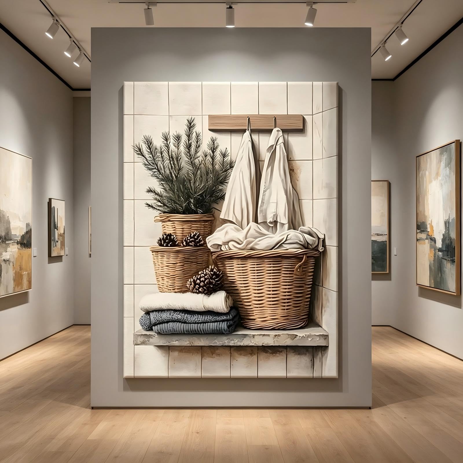 EPLKJHRTU Rustic Bathroom Wall Decor Pine Branches in Baskets Canvas Prints Farmhouse Laundry Room Artwork For Wall Art(60x90cm/Frameless)