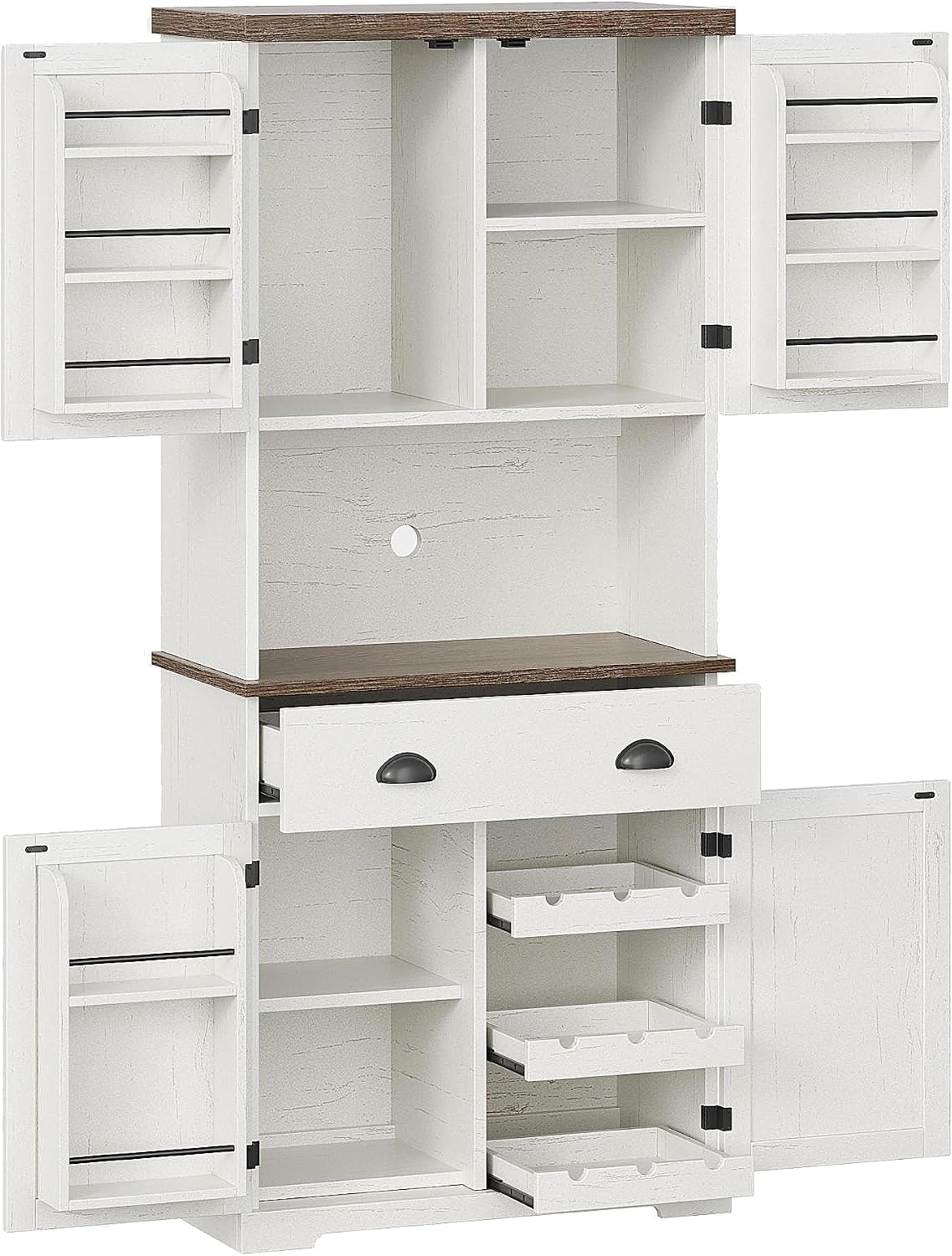 ChooChoo 72" Pantry Cabinet with Storage Drawers, Farmhouse Kitchen Hutch Bar Cabinet with Microwave Stand, Kitchen Cupboard with Door Shelves for Dining Room, Living Room, Antique White & Brown