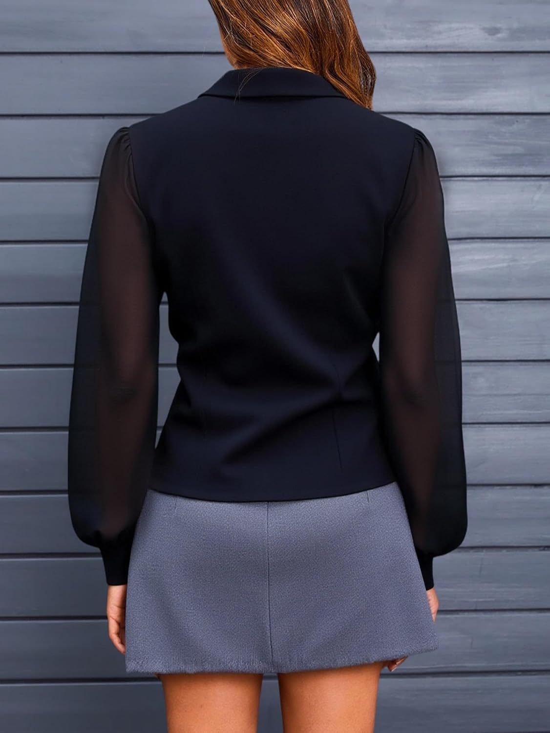 Women's Mesh Lantern Long Sleeve Tops Elegant Button Down Collared Shirt Work Office Blouses - Image 2