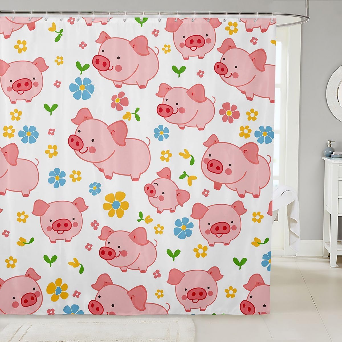 jejeloiu Cute Pig Shower Curtain for Bathroom Decor Farmhouse Animal Bath Curtain Floral Flower Bathroom Accessories Waterproof Polyester Fabric for Stalls Bathtubs 72"x72"