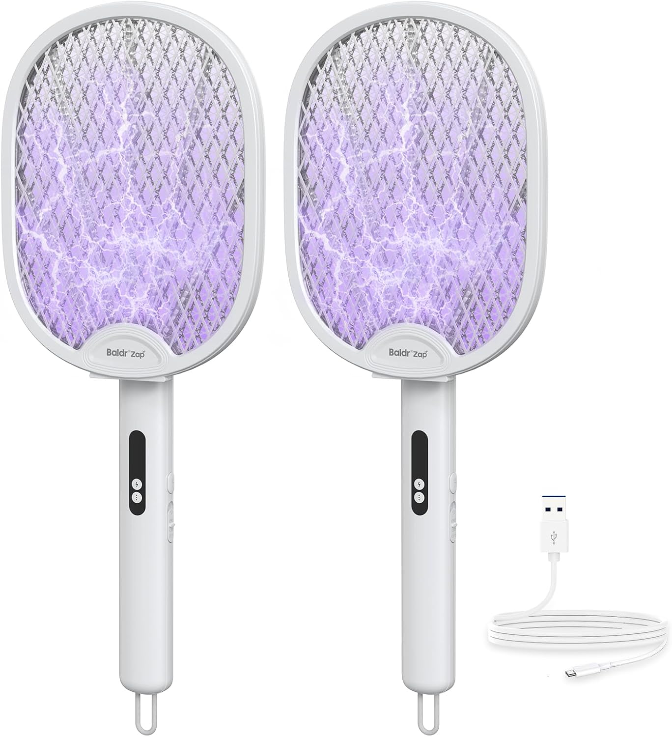 BALDR Electric Fly Swatter Racket, Foldable 2 in 1 Bug Zapper 3000V Powerful Mosquito Killer with Purple Attractant Trap Lamp, 1200mAh Type-C Rechargeable for Indoor Home Office Patio Camping, 2 Pack