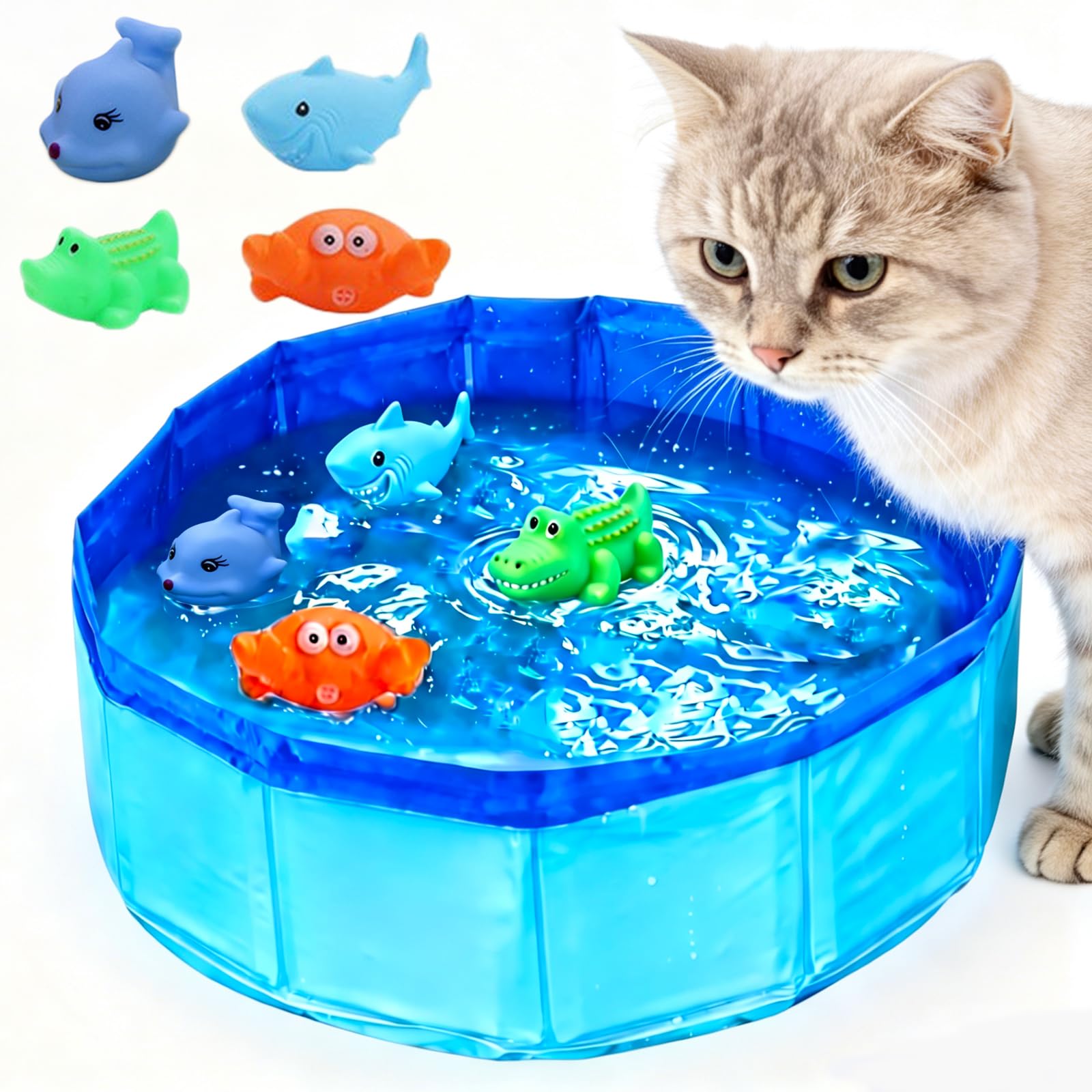 XUDUOO Cat Pool with Floating Water Toy, Portable Swimming Pool Cat Toy, Cat Toys for Indoor Cats Kitten, Interactive Stimulating Self-Play Enrichment, Fun Sensory Pet Toy for Summer（Small, 30 cm）
