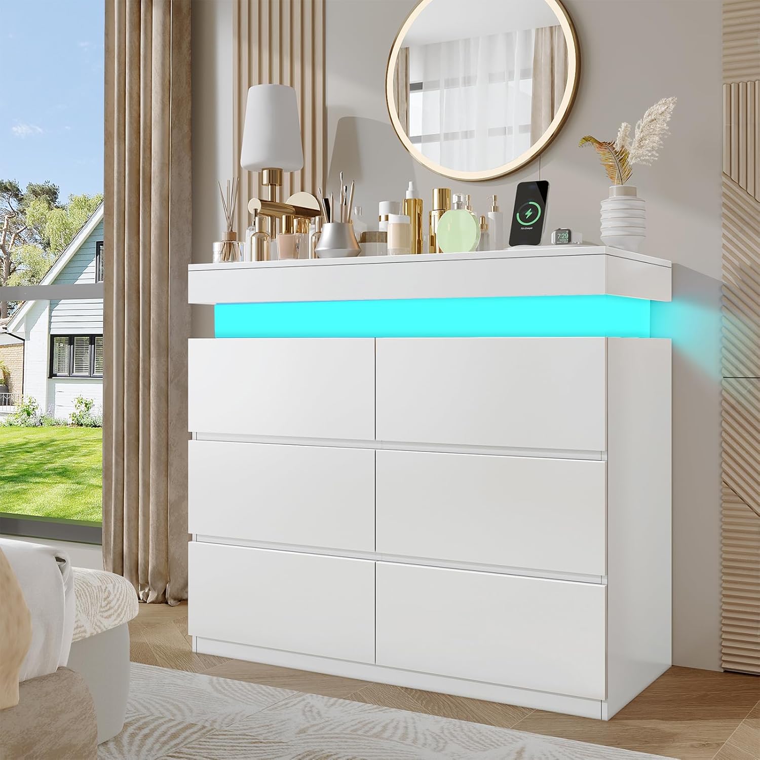 DreamDashio Modern 6 Drawer Dresser with Flip-Top Storage, Chest of Drawers for Closet with Floating LED Lights & Charging Station, Double Wide Drawer Organizer Cabinet for Bedroom, Living Room, White