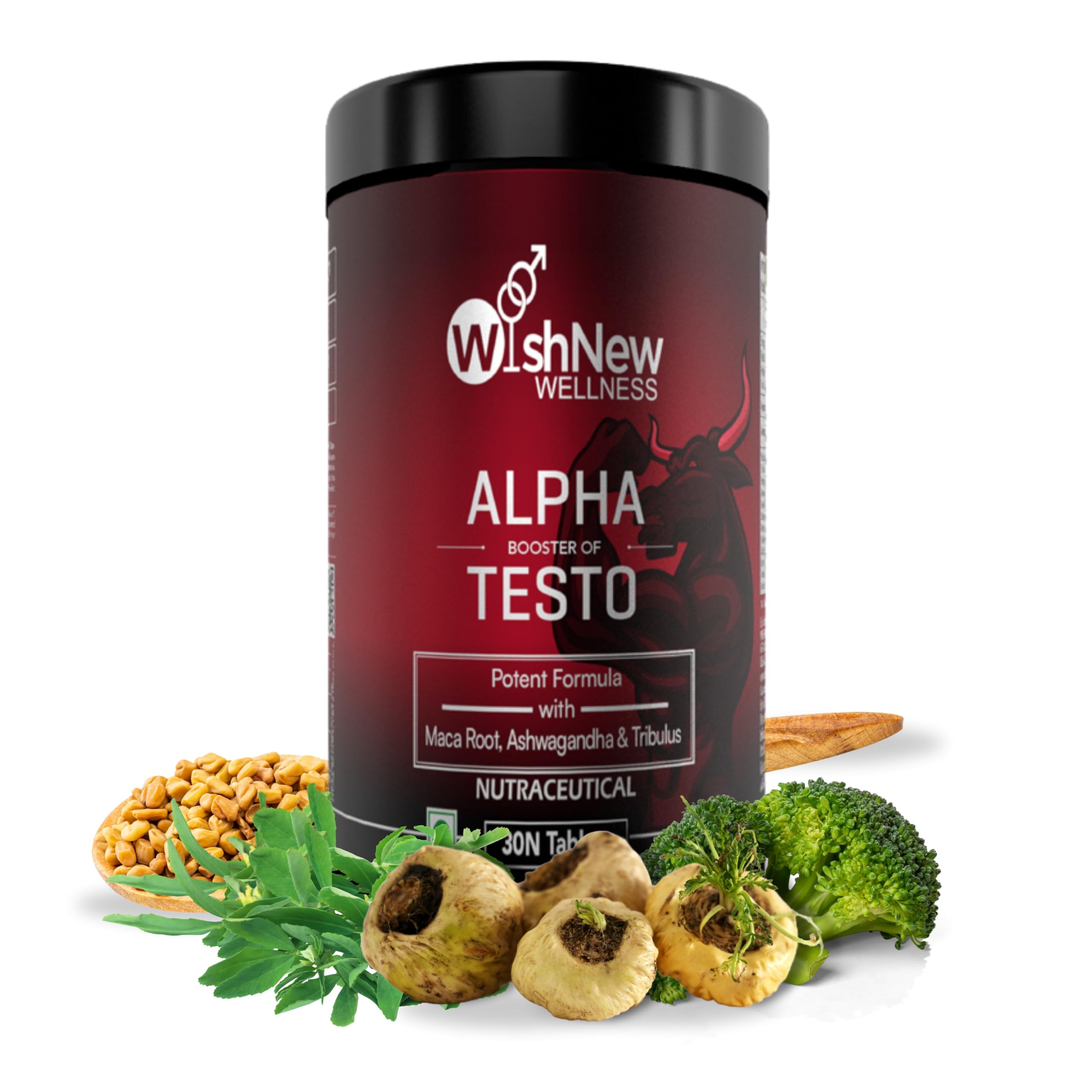 WishNew Wellness Testosterone Booster for Men | Natural Testosterone Support with Maca | Support Energy & Strength | Muscle Maintenance | Tribulus, Ginseng, Zinc & Vitamin D | 30 Veg Tablet