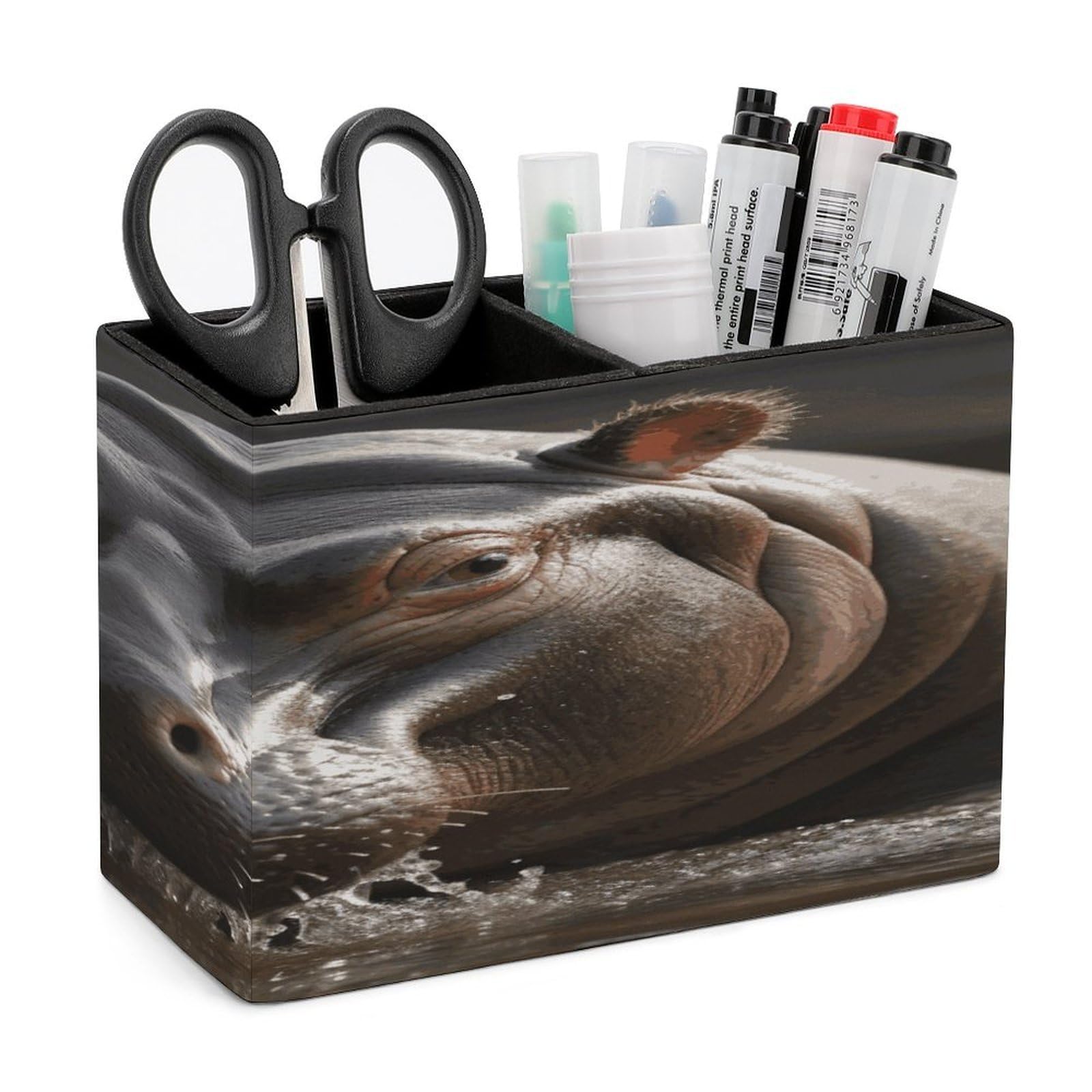 FekiLoot PU Leather Hippo Pen Holder for Desk 2 Compartments Desktop Stationary Organizer Rectangle Table Pencil Cup Stand Desktop Stationery Organizer Case for Office Home