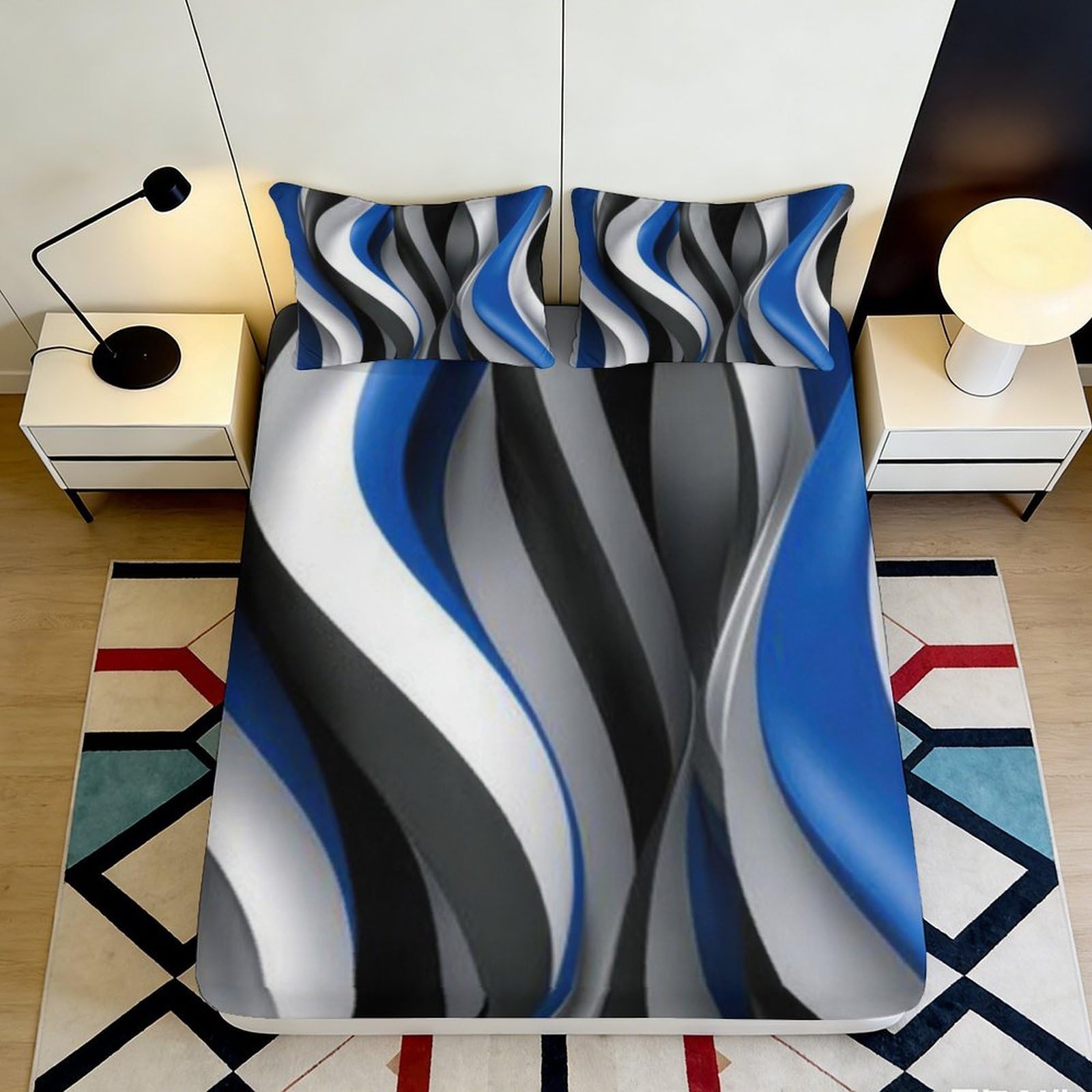 3D Printed Abstract Wave Fitted Sheet Microfiber Deep Pocket Non-Slip Abstract Wave Mattress Fitted Cover Washable for Home Bedroom 90x200x25cm