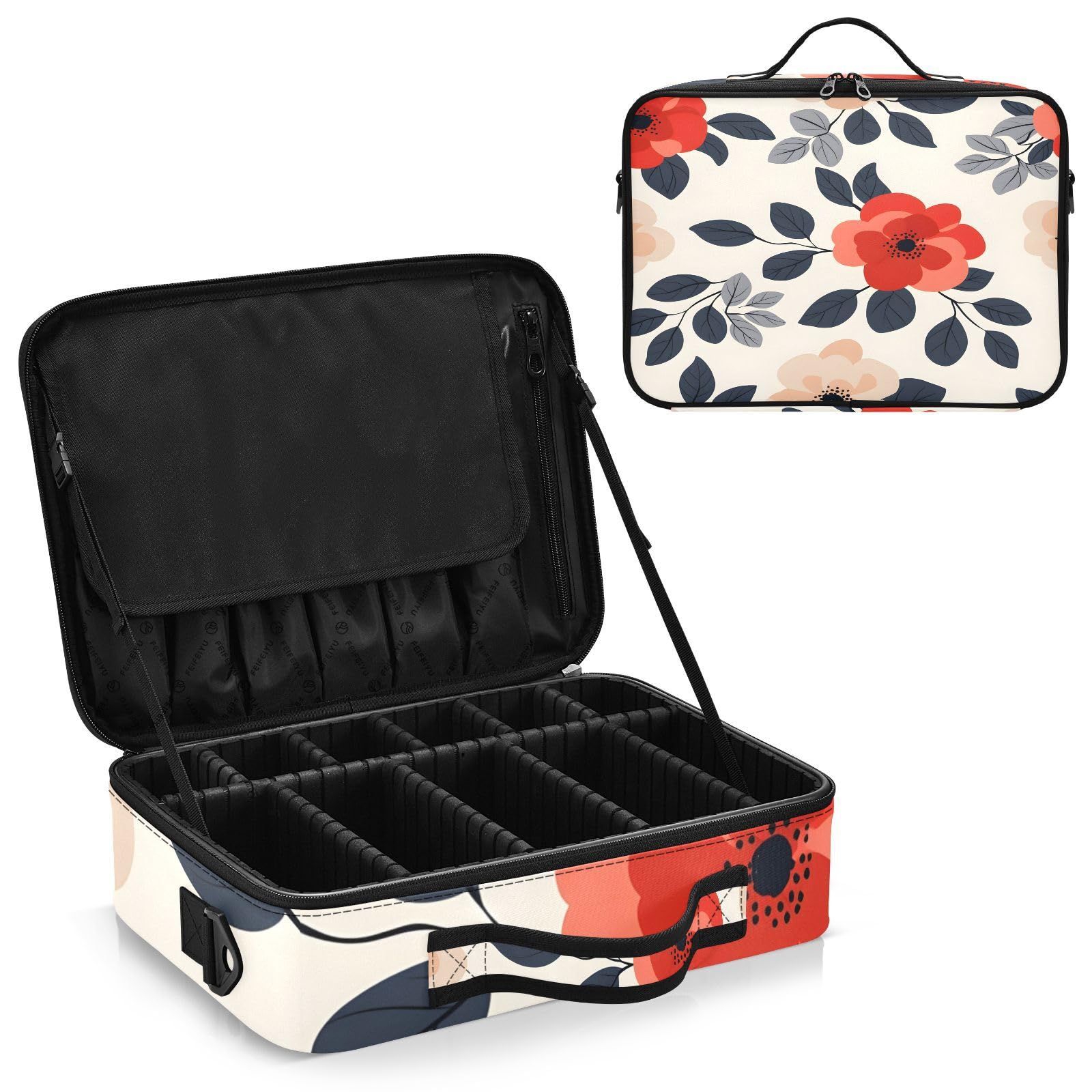 zyrtty Travel Makeup Train Case Flower Leaves Red Pattern Black Leaves Cosmetic Organizer Portable Storage Bag with Adjustable Dividers for Cosmetics Brushes Toiletry Jewelry Digital Accessories