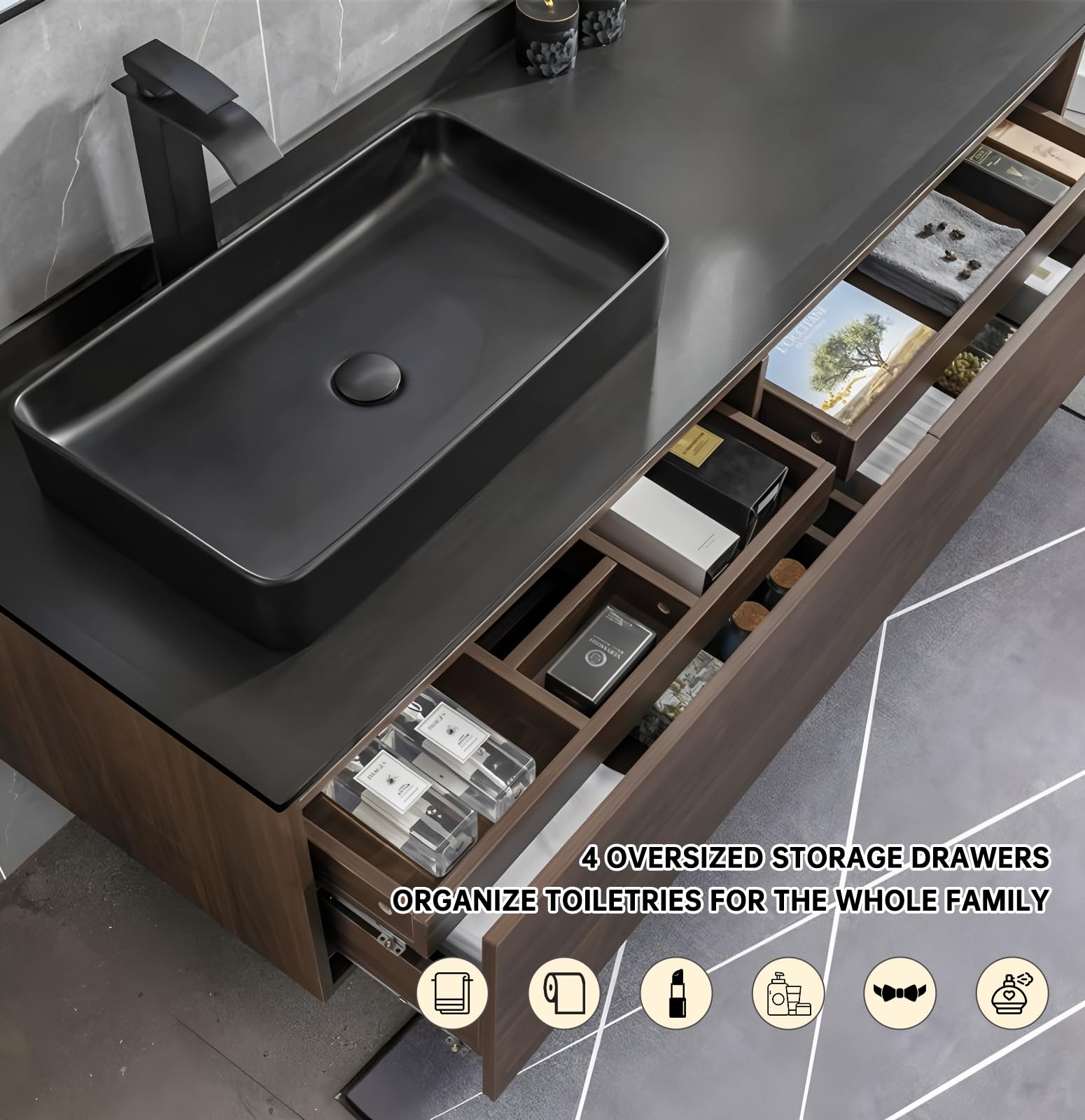 Juego de baño montado en la pared de 52 pulgadas con espejo LED inteligente antivaho impermeable, gabinete de madera maciza, lavabo negro y encimera para baños modernos