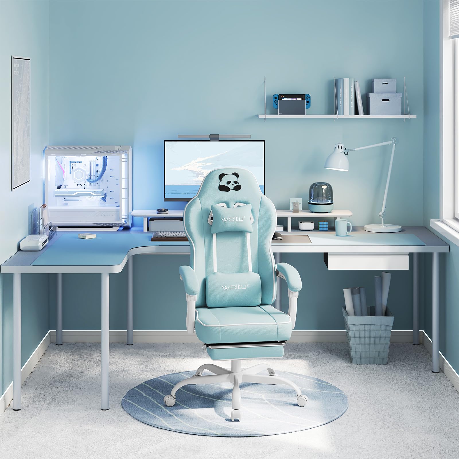 WOLTU Chaise Gaming, Fauteuil Gaming, avec Coussin à Ressorts Ensachés, Chaise Ergonomique, Charge 150kg, Appui-tête, Support Lombaire, Repose-Pieds, Tissu Maille, Bleu Clair