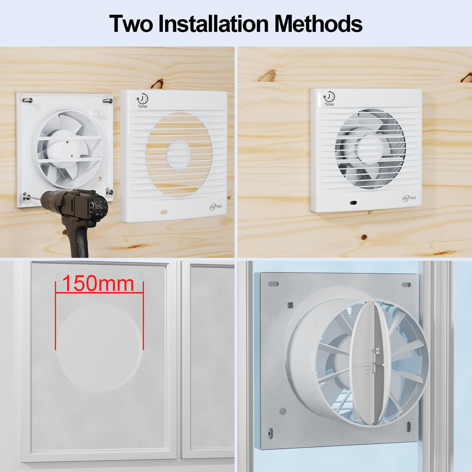 Ventilatore da bagno 150 mm da cucina con ripostiglio, 320 m³/h, IPX2, impermeabile, con valvola di ritorno, per bagno, cucina, camera da letto, garage, bianco
