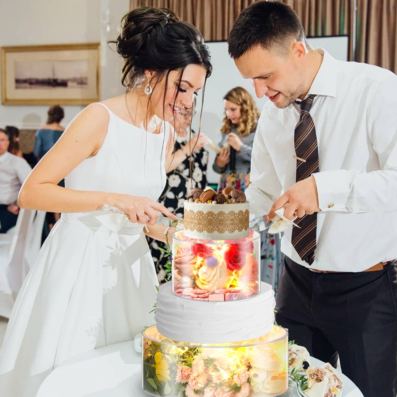 2 Pezzi Alzata per Torta in Acrilico Trasparente, 15 e 25cm Espositore per Torta con Luci LED, Alzatina per Torta Impilabile Riempibile Cilindro Alzata per Dolci per Compleanni, Matrimoni e Feste (A)