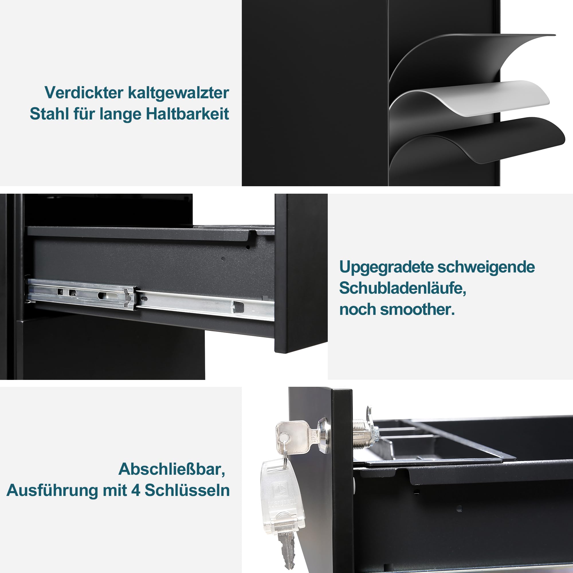 Rollcontainer mit Schubladen, Mobiler Aktenschrank unter Schreibtisch, Abschließbarer Büroschrank, Druckertisch, 4 Schubladen 4 Schlüssel, Vormontiert, Büro, Homeoffice, Schwarz