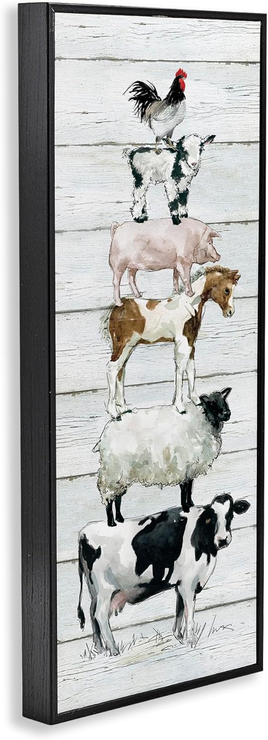 Stupell Industries Country Farm Animal Stack Cow Sheep Pig Rooster, Designed by Carol Robinson Black Framed Wall Art, 13 x 30, Multi-Color