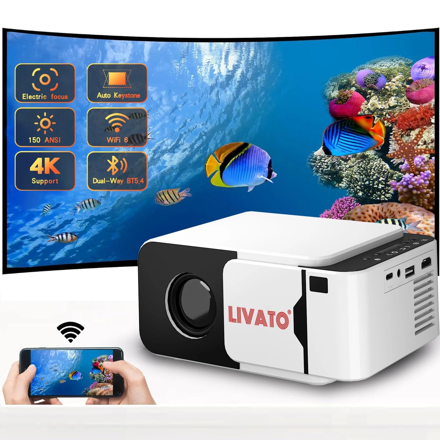 Livato T5 Mini Upgraded Android 13 Full HD Support Native 720P 5000 Lumens Auto Keystone WiFi & Bluetooth 6, Miracast, Built-in Speaker 1 Year Warrenty (White) 4