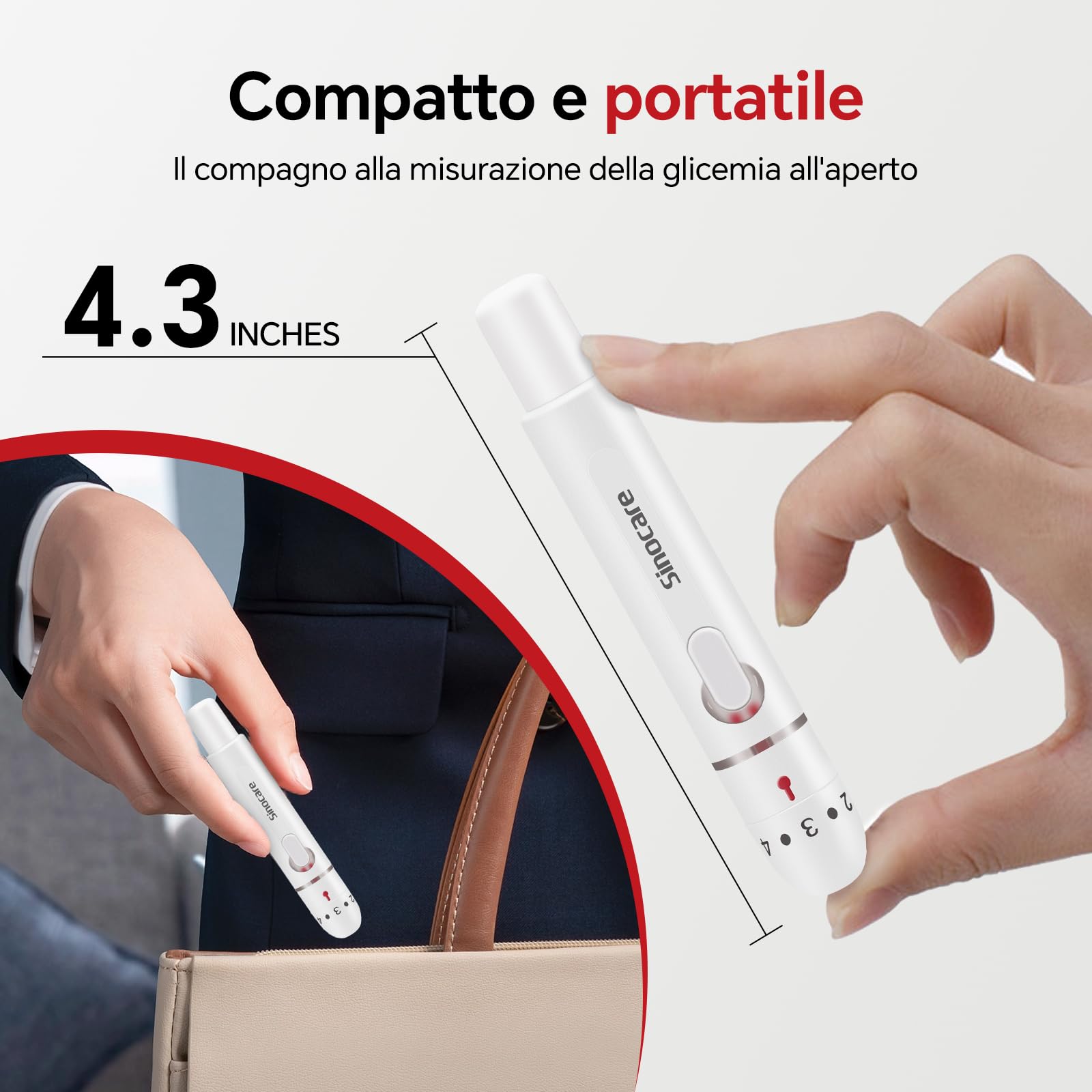Sinocare Dispositivo Pungidito Penna Pungidito per Glucometro, Profondità regolabile, Prelievo di Sangue Preciso e Indolore