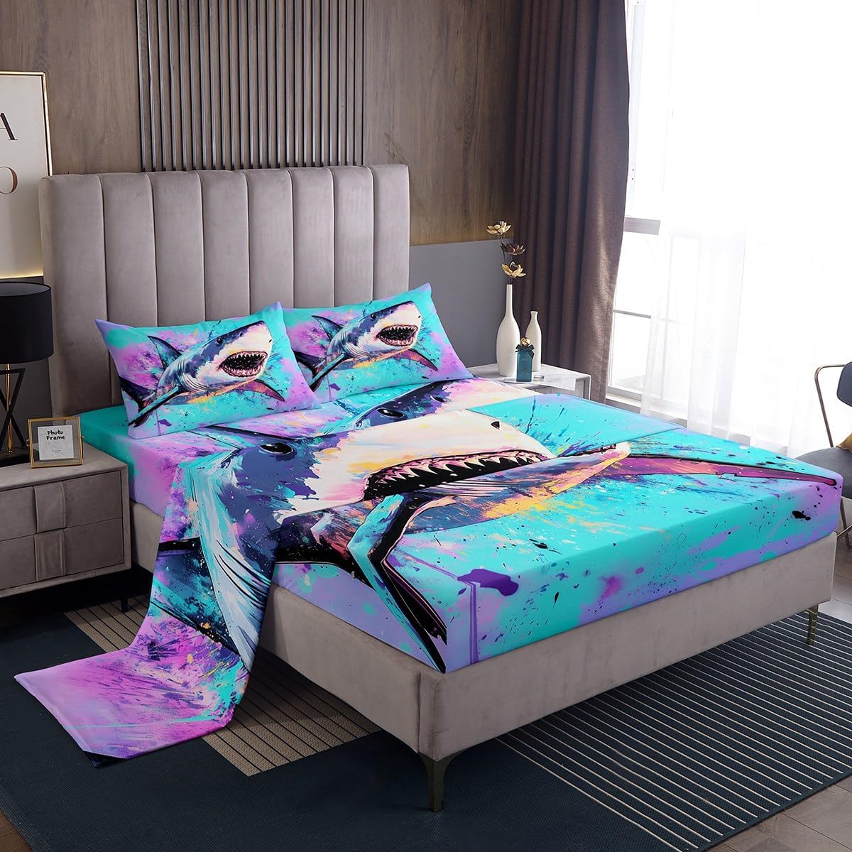 Erosebridal Girls Shark Sheet Set Full,Shark Animals Bed Sheets Set,Wild Sealife Sheets Modern Simple Pink Flat Fitted Sheet Summer Bedroom Decor,Fishing and Hunting Theme Bed Set with 2 Pillowcases