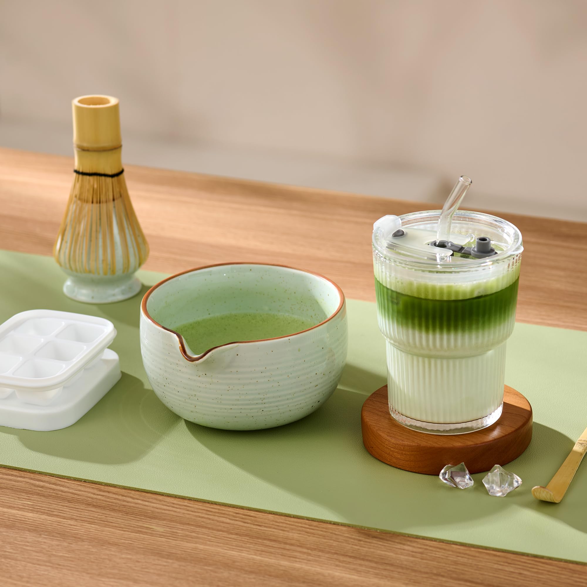 ComboJoy Matcha Whisk Set, Complete Matcha Kit with Bowl, Bamboo Whisk & Holder, Scoop, Sifter, Glass Cup with Lid & Straw, Ice Cube Tray – Matcha Gift Set for Matcha Lovers
