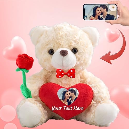 Oso de peluche personalizado con foto y texto personalizado en el corazón, animales de peluche, oso de peluche de San Valentín con rosa y lazo como