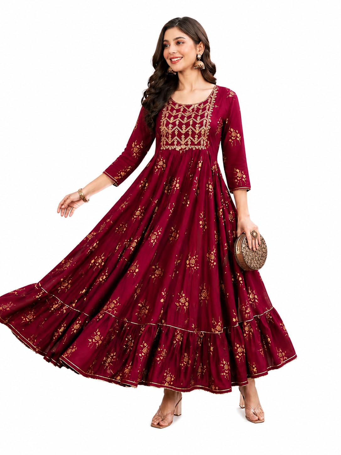 Women’s Floral Printed Anarkali Gown | Embroidered Ethnic Maxi Dress for Women | 3/4 Sleeve Festive Long Kurta Dress-picture-32