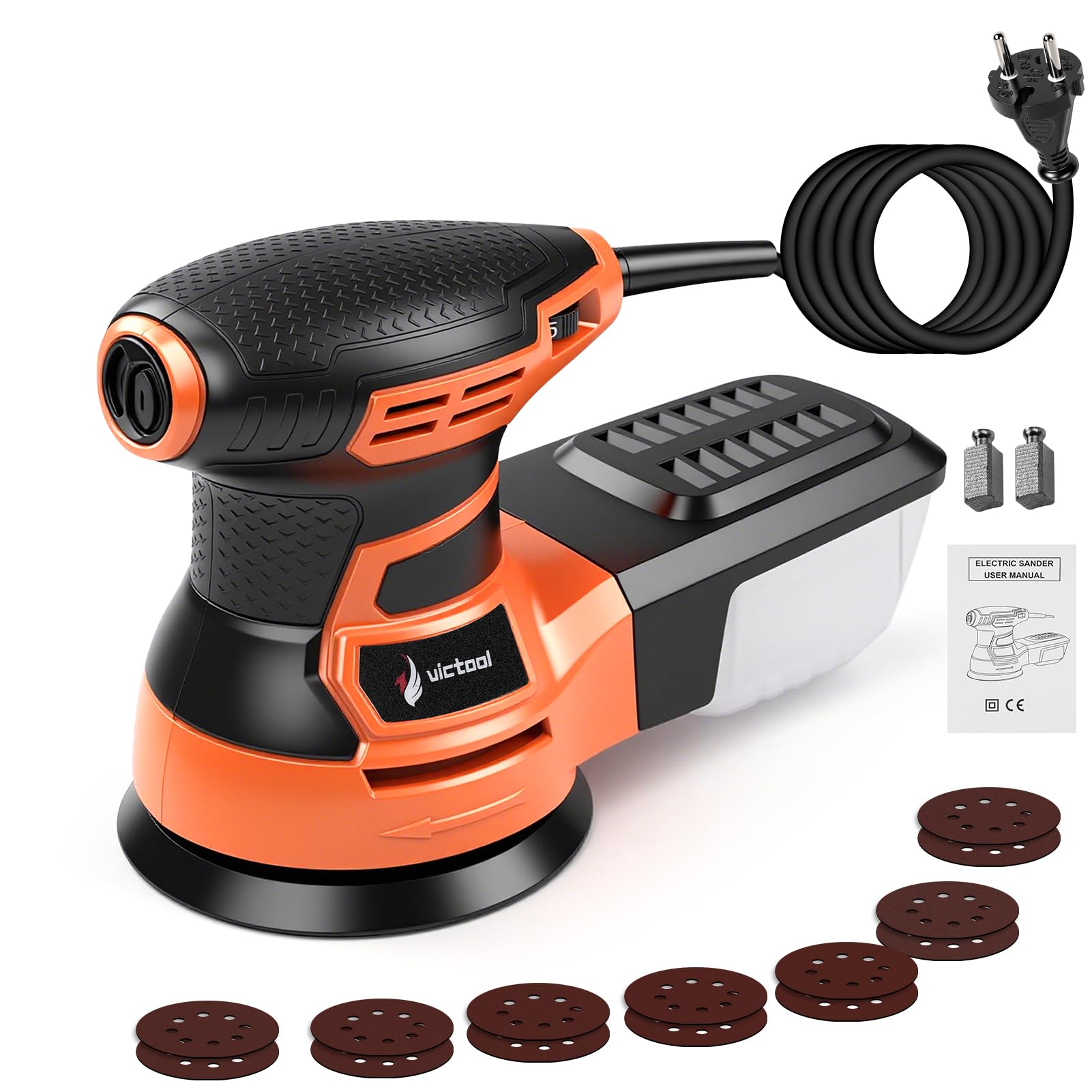 Ponceuse excentrique 350 W, ponceuse 125 mm, 6 vitesses, 6 000 à 13 000 tr/min, avec bac à poussière et 14 papiers abrasifs, idéale pour les projets de travail du bois, les travaux de bricolage