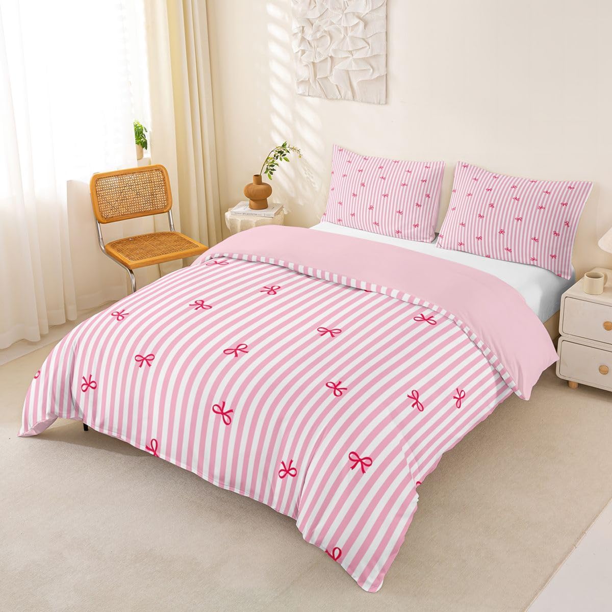 Hot Pink Bow Vertical Stripe Duvet Cover Set 1 Pillowcase 2Pcs Toddler image 2
