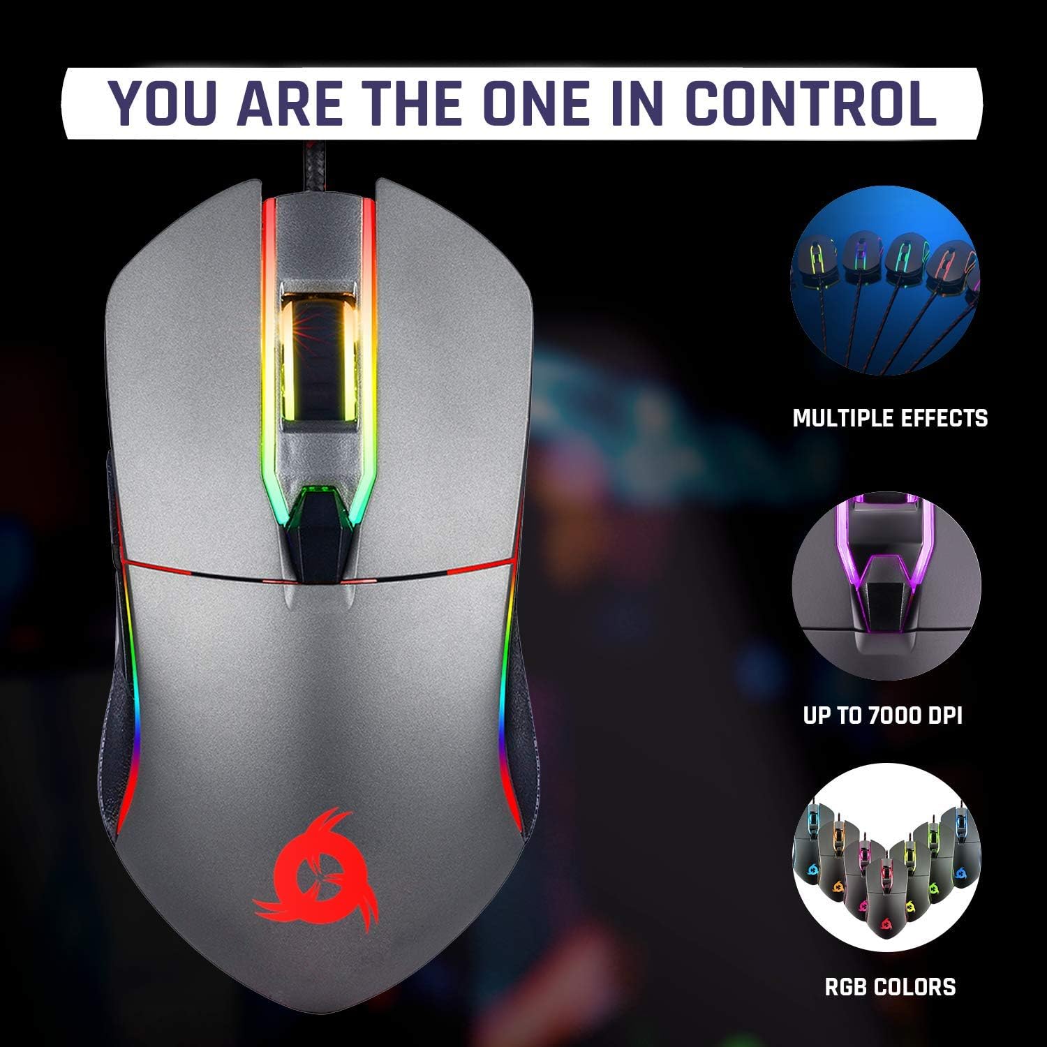 KLIM Aim Gaming Mouse - Wired Ergonomic Gamer USB Computer Mice, Chroma RGB Mouse [7000 DPI] [Programmable Buttons] Ambidextrous, Ergonomic for Desktop PC Laptop, High Precision Optical, Grey