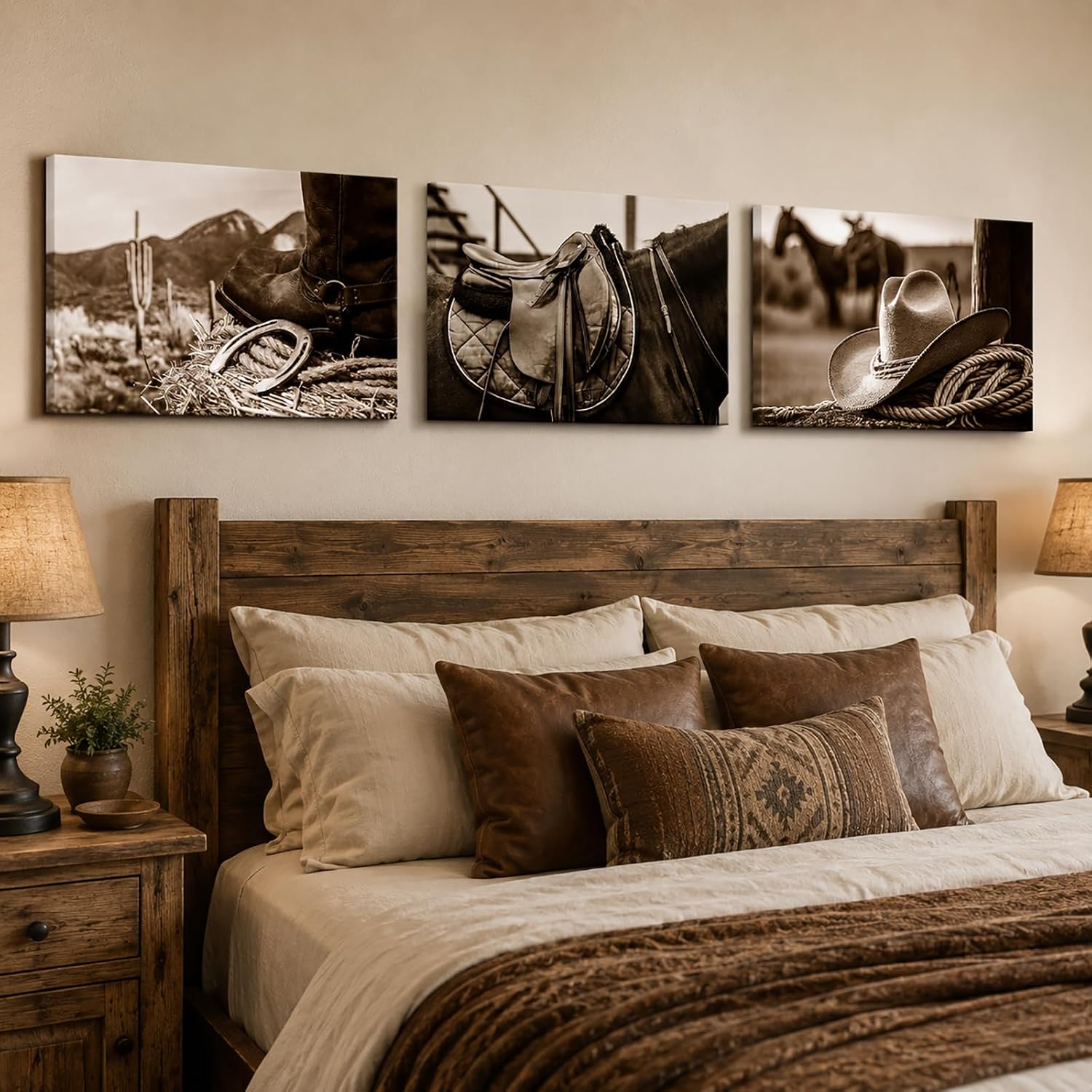 OuElegent 3 Pieces Cowboy Canvas Prints American West Rodeo Wall Art Sepia Painting Rope Stetson Hat Horse Saddle Picture Prints for Office Living Room Bedroom Wall Decor Framed 16''x24''x3