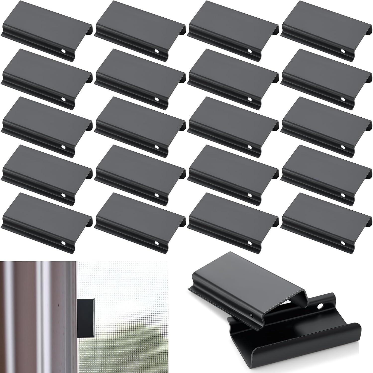 Yaocom 40 Pcs Window Screen Pull Tabs Window Screen Spline Channel Pull Lift Tabs Aluminum Replacement Parts for Anti UV Don't Broken C Shape Frame Center Brace Privacy Mounting (Black)