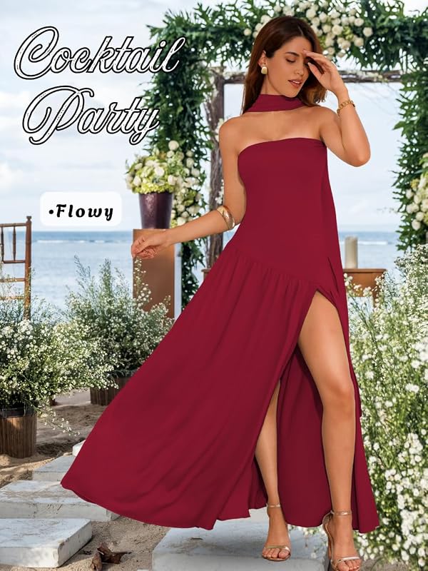 ChiaoLezhee Women's Maxi Tube Dress with Scarf Drop Waist Slit Formal Cocktail Party Wedding Guest Prom Gown, Flowy Elegant A Line Strapless Asymmetrical Summer Going Out,Wine Red Burgundy,Large by ChiaoLezhee - Used condition - Image 5