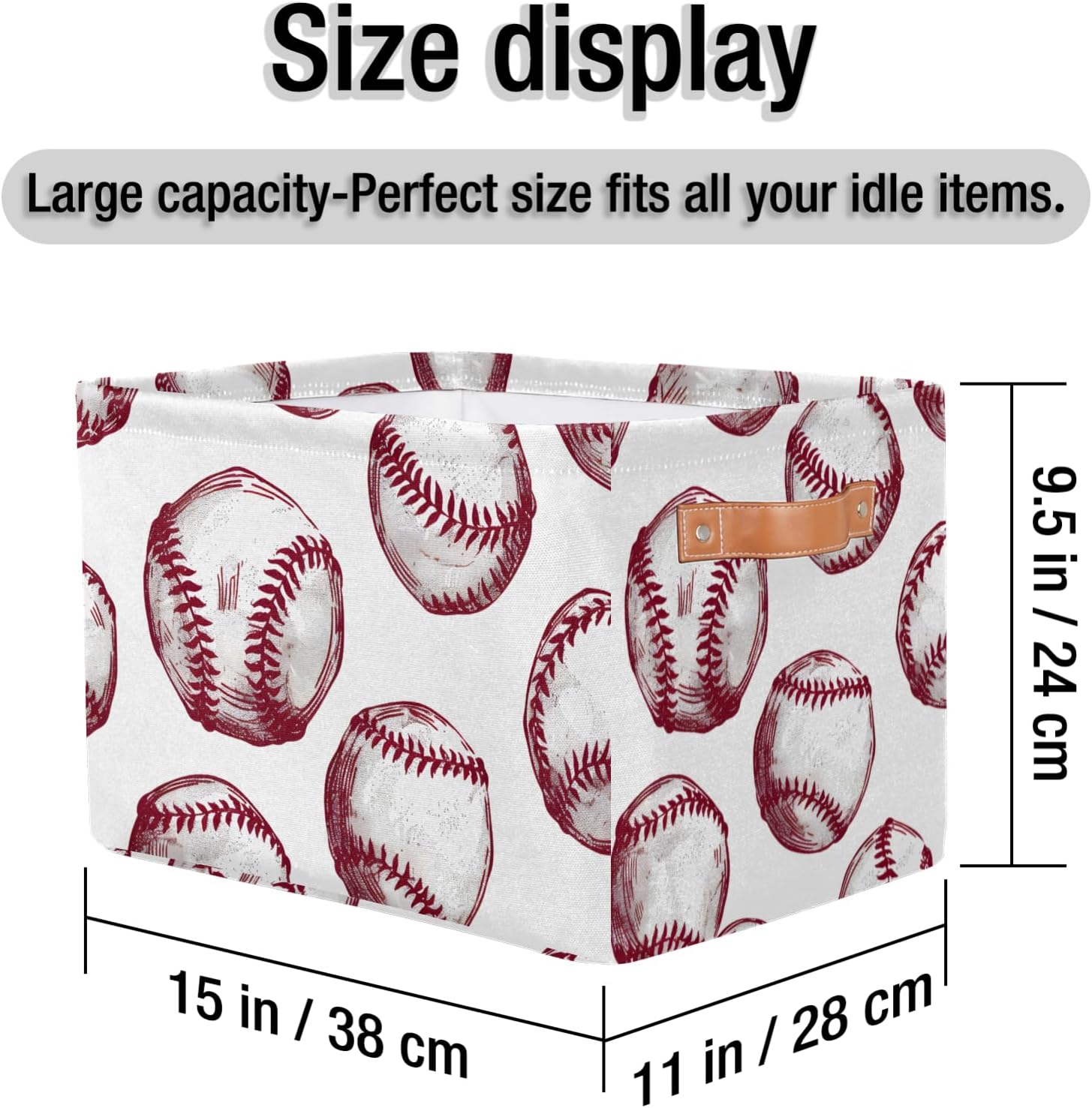 Cute Storage Bins for Organization, Canvas Book Storage Bins Handles, Bedroom Shelves Decorative Baskets for Organizing, Fabric Cube Bin Classroom Dorm Closet Organizer Box (Baseball)