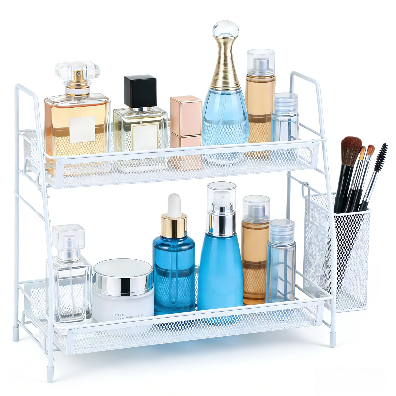 Siocok White 2 Tier Bathroom Organiser, Spice Racks Organiser, Cupboard Shelf Organiser With 1 Storage Basket, Metal Spice Racks, For Home Kitchen Bathroom Office Countertop, Cosmetic Storage Rack (White)