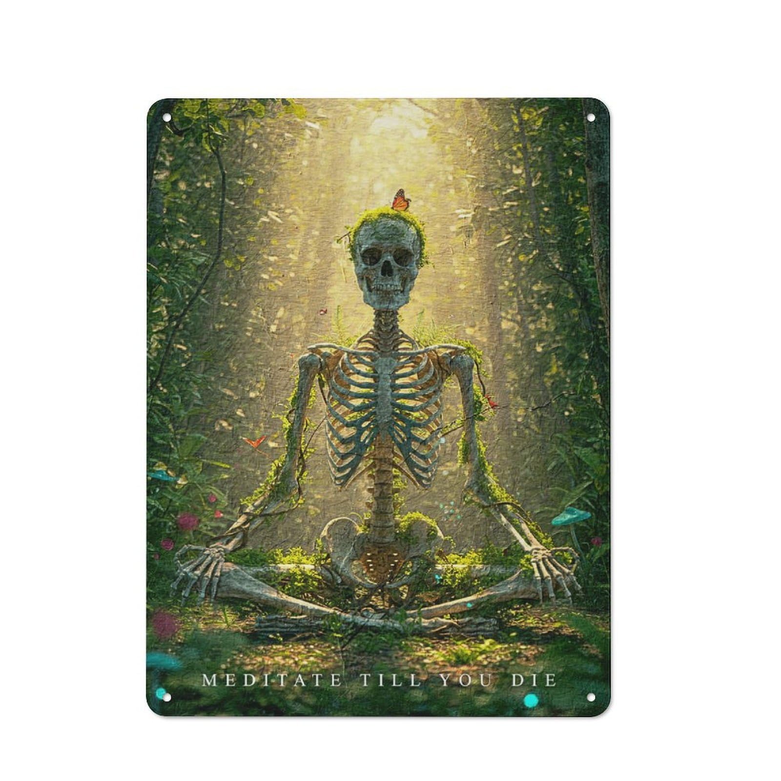 Junmoney Skeleton Meditating In Forest Retro Metal Wall Sign 40X30cm For Studio Or Craft Room, For Metal Sign Collectors, For Garage And Workshop Walls