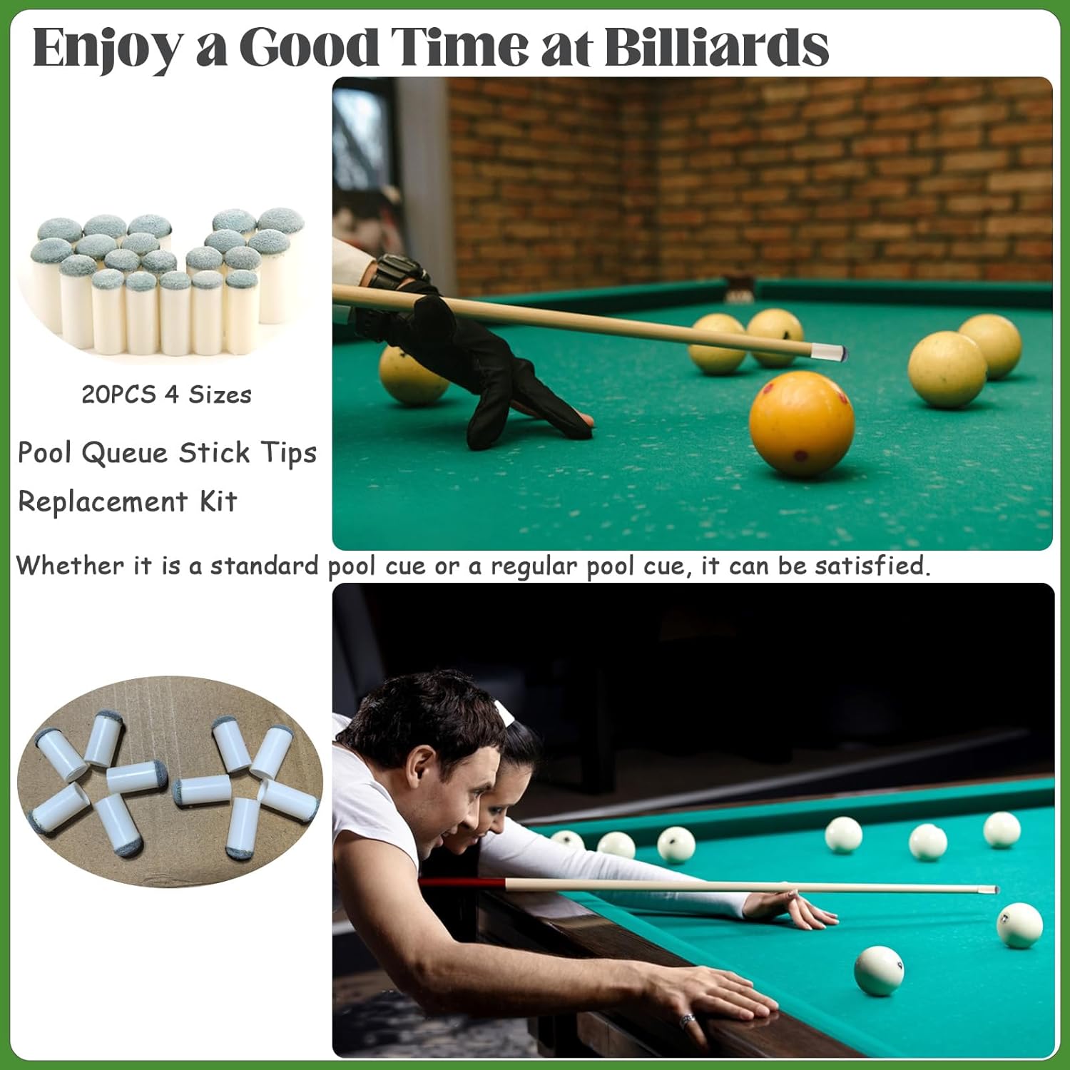 20pcs Slip On Pool Cue Tips, 4 Sizes Pool Queue Stick Tips Replacement Kit, Billiard Cue Sticks Tips Pool Cue Repair Kit Pool Table Accessories (9mm/ 10mm/ 12mm/ 13mm, Each Size 5pcs)