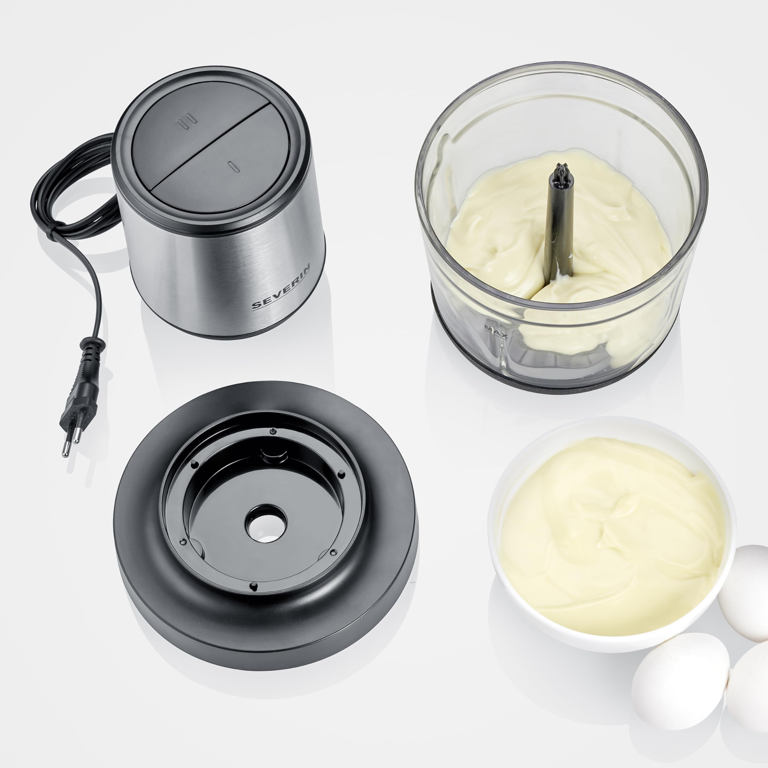 SEVERIN Universalzerkleinerer, Multizerkleinerer für grobes und feines Zerkleinern, geeignet für Crushed Ice, Käse, Nüsse und mehr, matt-schwarz/Edelstahl-gebürstet, KM 3867