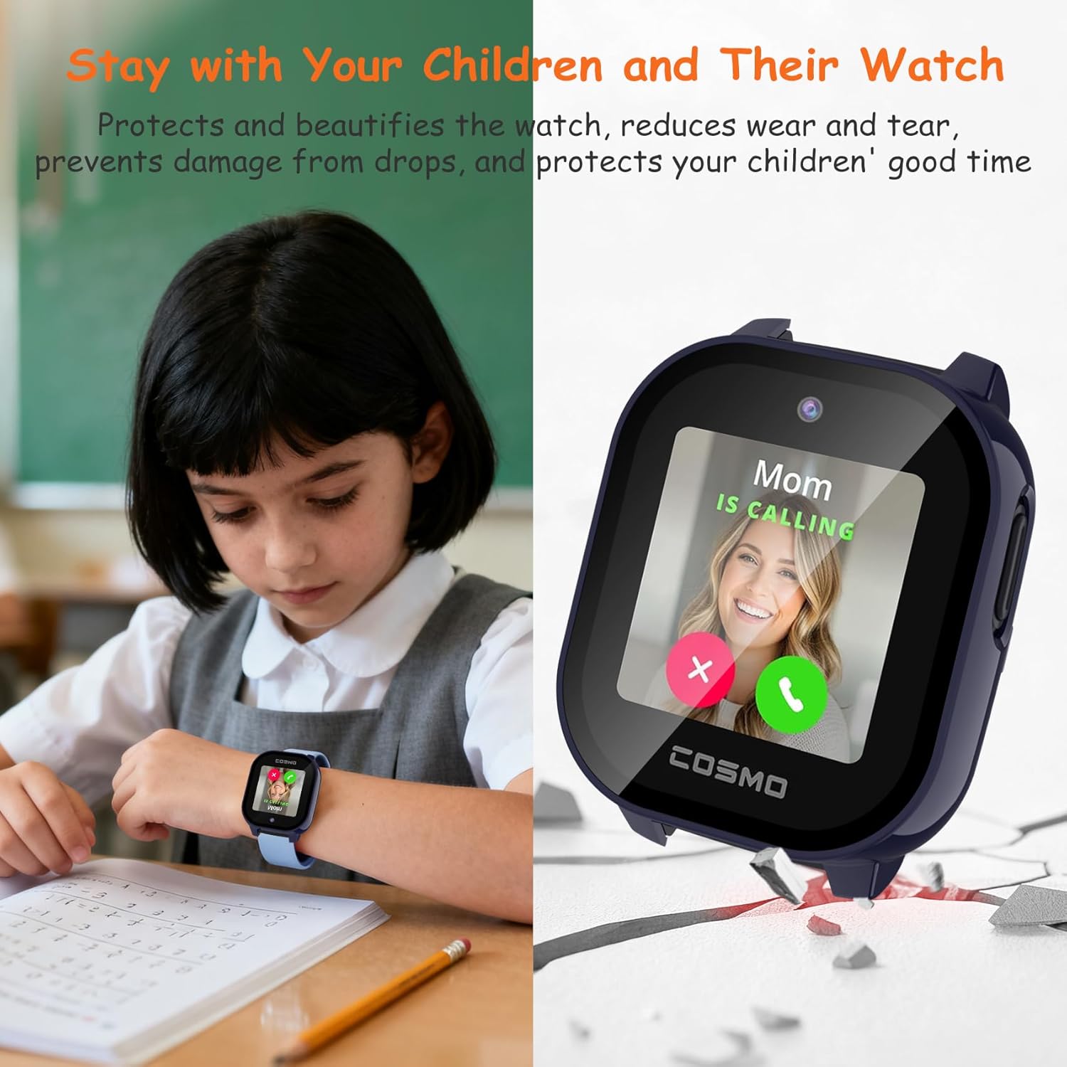 Case for Cosmo Jr Track 5 Screen Protector, 2-Pack Hard PC Cover HD Tempered Glass Case Anti-scratch Full Protection Shell for Cosmo JrTrack 5 Kids Smart Watch (Black+Black) - Image 4