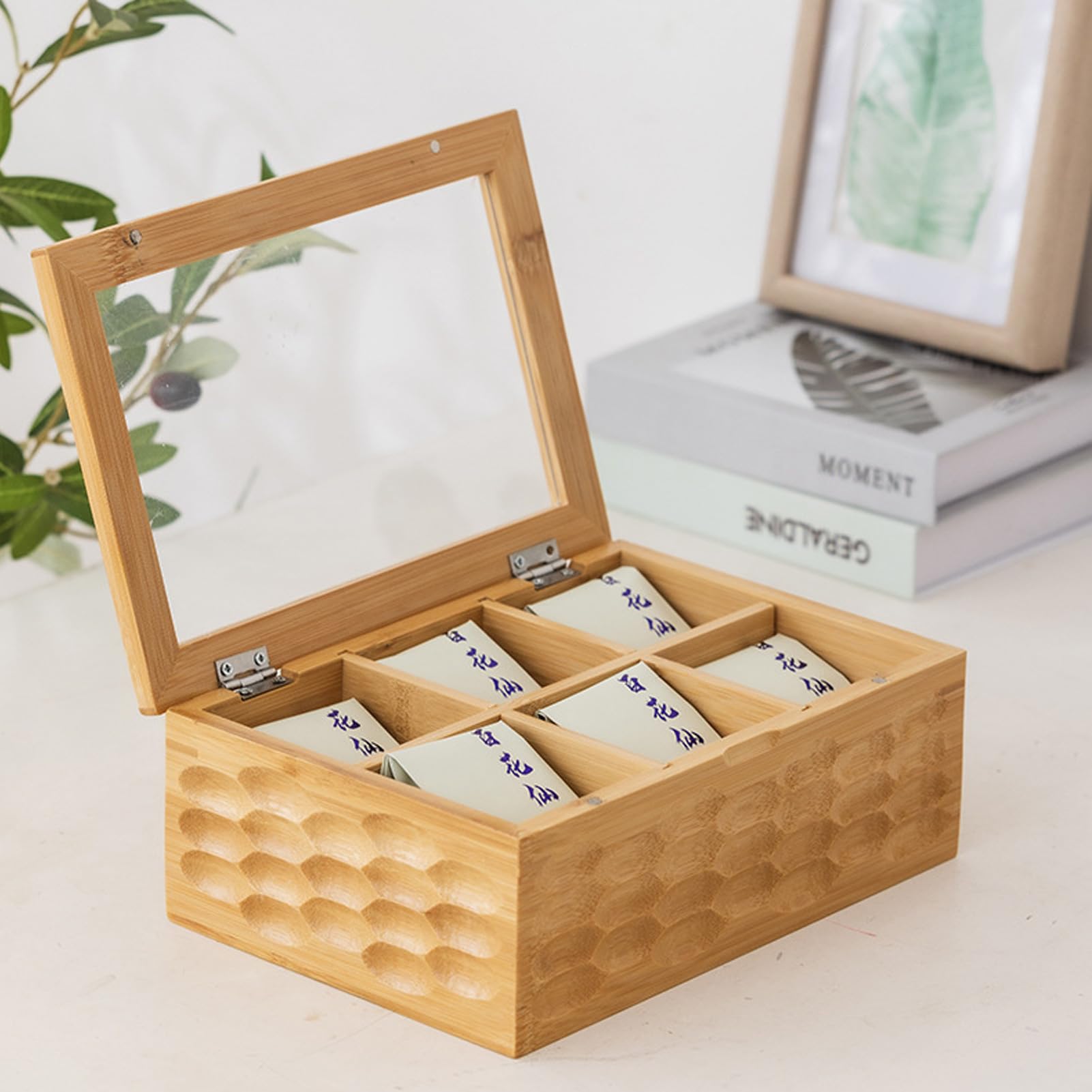 Bamboos Caja de té Organizadora, Cofre de té de Madera con Ventana Transparente, Caja de Almacenamiento de té con Cajón, Contenedor de té de Madera, Acabado de Madera,