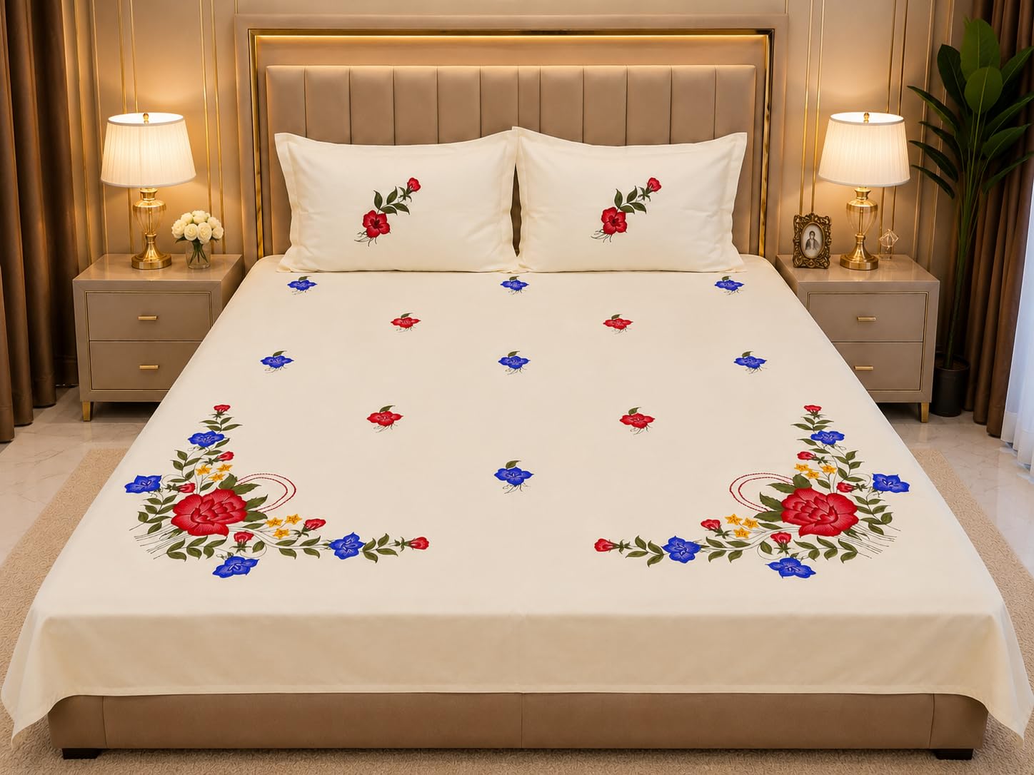 100% Pure Cotton Handmade Embroidery 250TC Double Bed Bedsheet (225 x 250 cm) with 2 Pillow Covers (Cream)-image-19