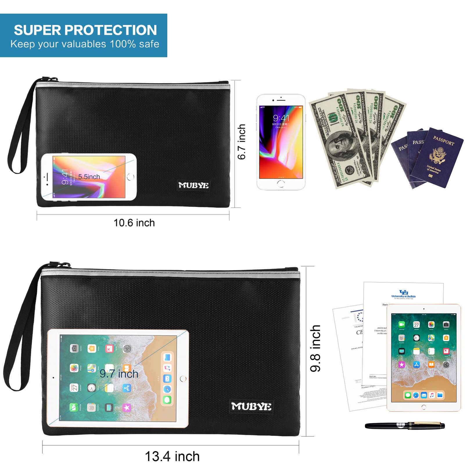 Fireproof Waterproof Money Document Bag - 2 Pack Safe Zipper Bags with Reflective Strip, Fire & Water Proof Storage Organizer Pouch for A4,File,Cash,Passport,Table(13.4" x 9.8" and 10.6" x 6.7") 1