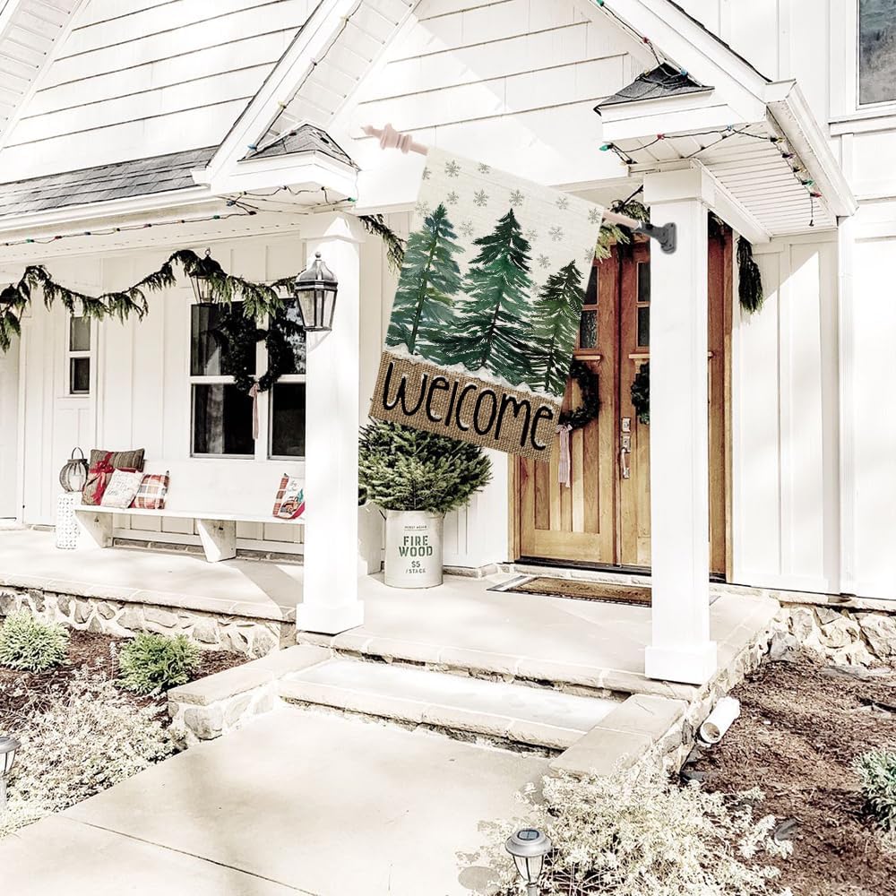 CROWNED BEAUTY Christmas House Flag 28x40 Inch Double Sided Large Burlap for Outside Welcome Pine Trees Holiday Yard Flag CF1105-40 - Image 7