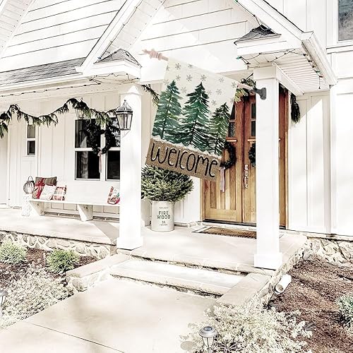 Miniatura 7 de CROWNED BEAUTY Bandera de jardín de Feliz Navidad de 12 x 18 pulgadas, doble cara para bienvenida al exterior, pequeños árboles de arpillera de