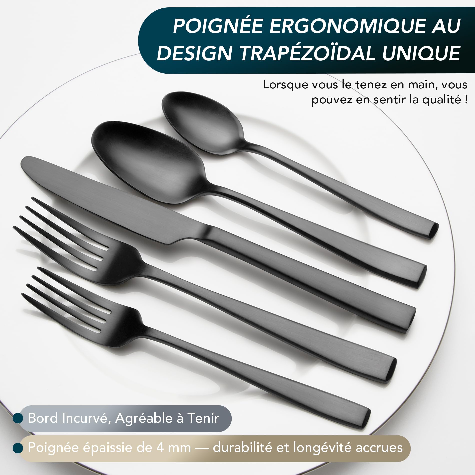 Lot de 30 couverts en acier inoxydable de qualité supérieure pour 6 personnes avec poignées uniques, couverts noirs modernes avec couteau, fourchette, cuillère