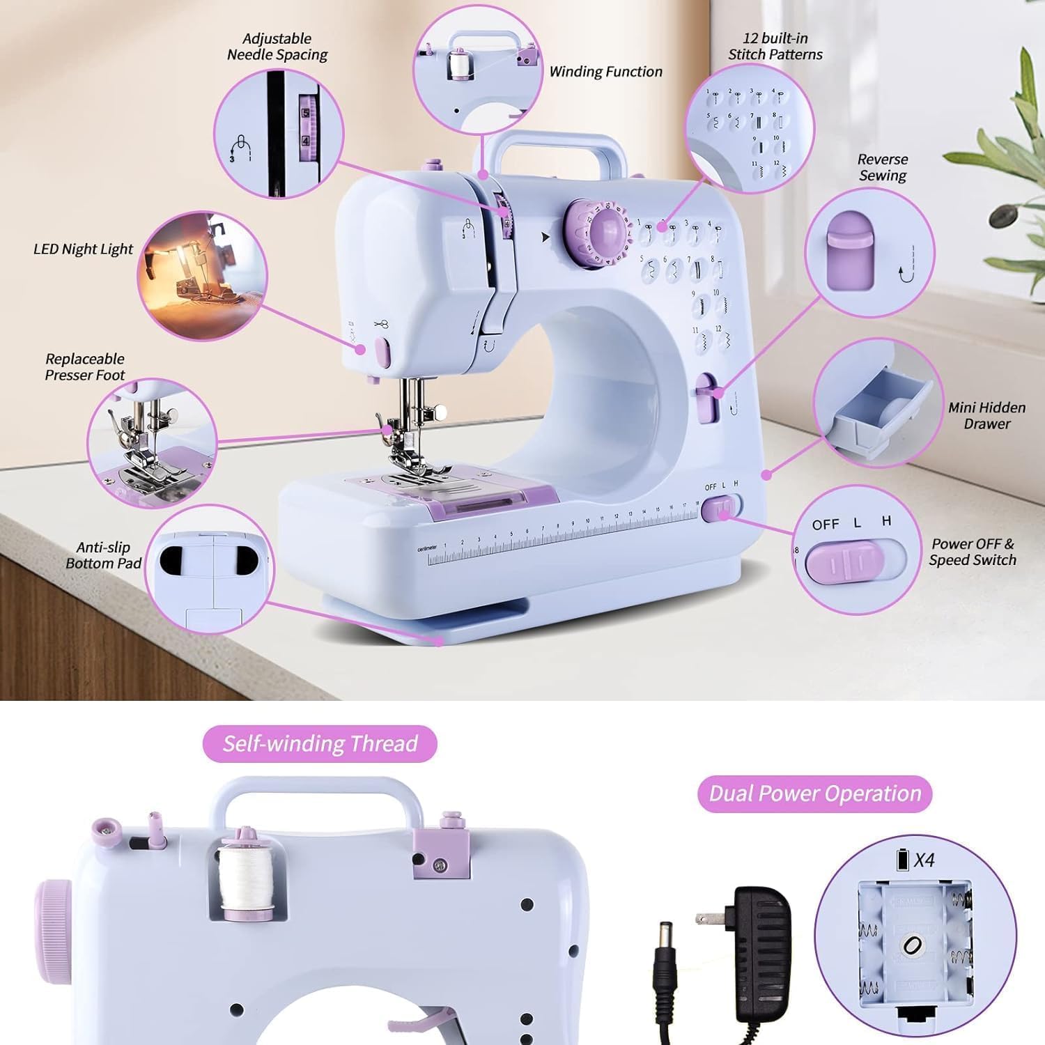 Portable Mini Electric Sewing Machine – 12 Built-in Stitches, 2-Speed Control, Foot Pedal Operation, Built-in Light, Storage Drawer & Complete Sewing Kit – Perfect for Beginners & Home Use (Purple) - Image 4