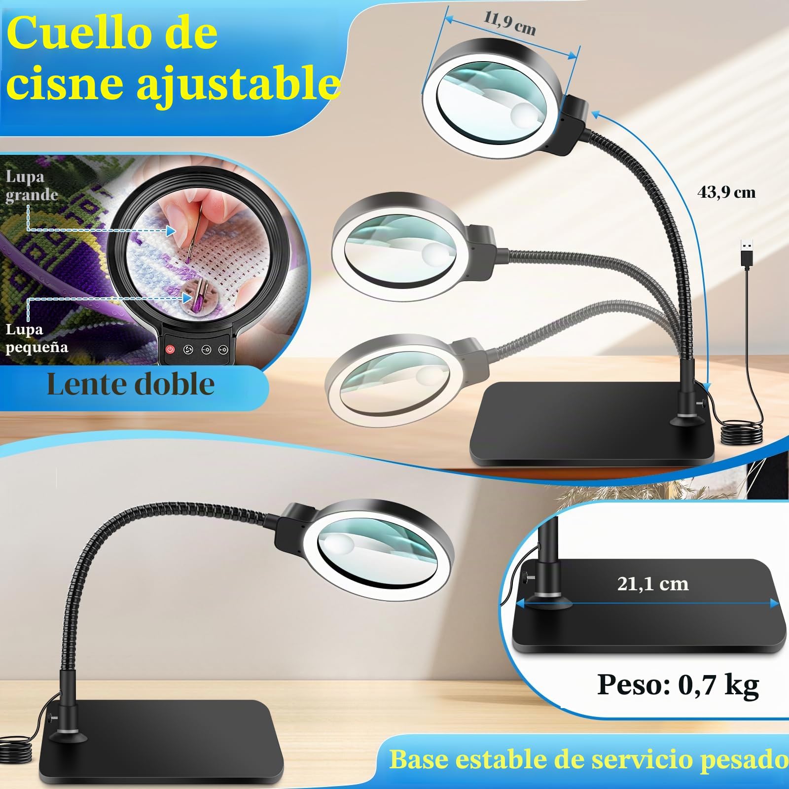 NZQXJXZ 10x Lupa con Luz y Soporte, Lampara Lupa con 72 LED, 3 Temperaturas de Color y 10 Niveles de Ajuste de Brillo para Aficiones, Lectura, Joyería, Trabajo de Cerca