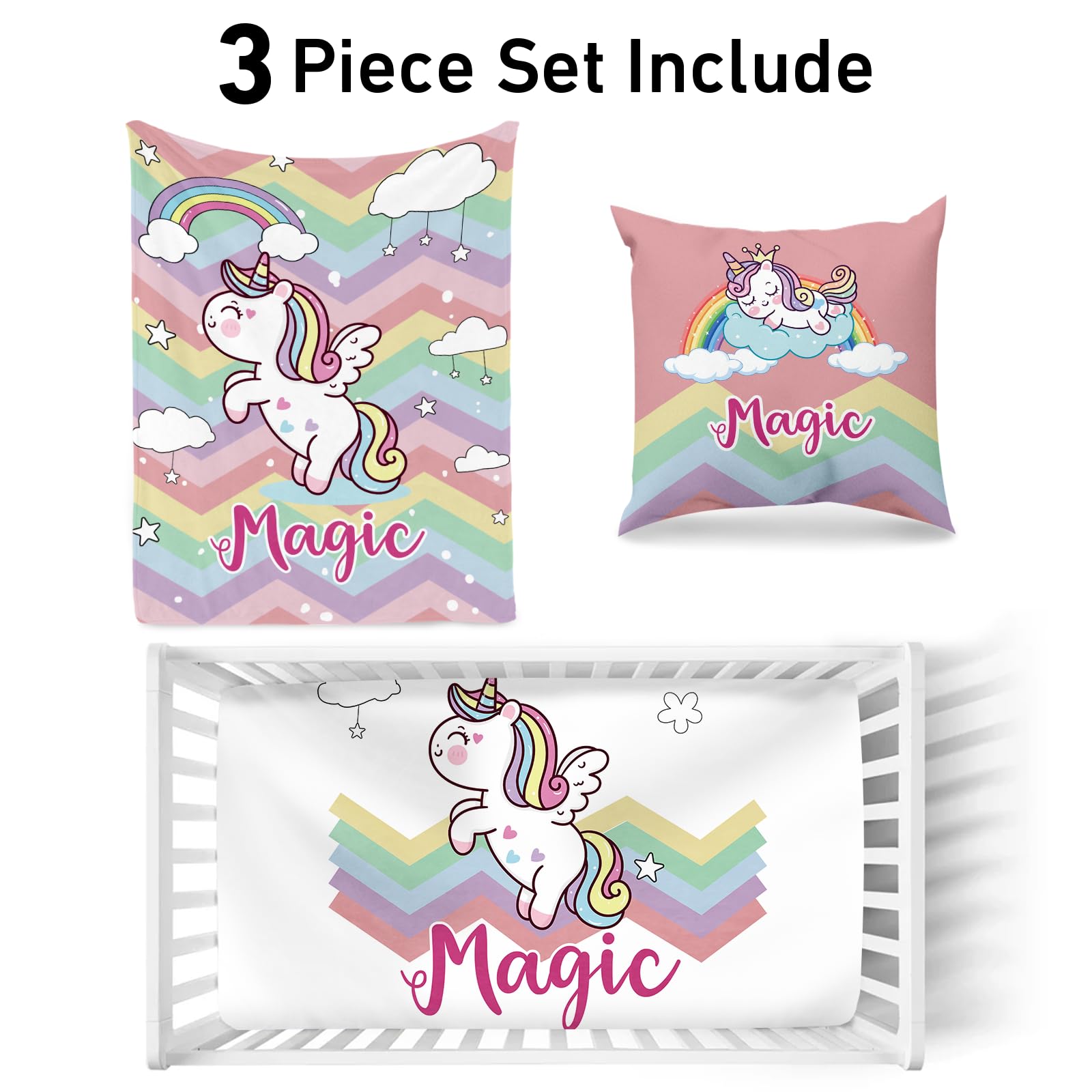 Dyoart Personalized Animal Crib Bedding Set for Toddlers Kids - Customized Name Double Layer Blanket Set for Baby Boys Girls - 3 Pcs Baby Crib Sets, Fitted Crib Sheets Set (Style 03)