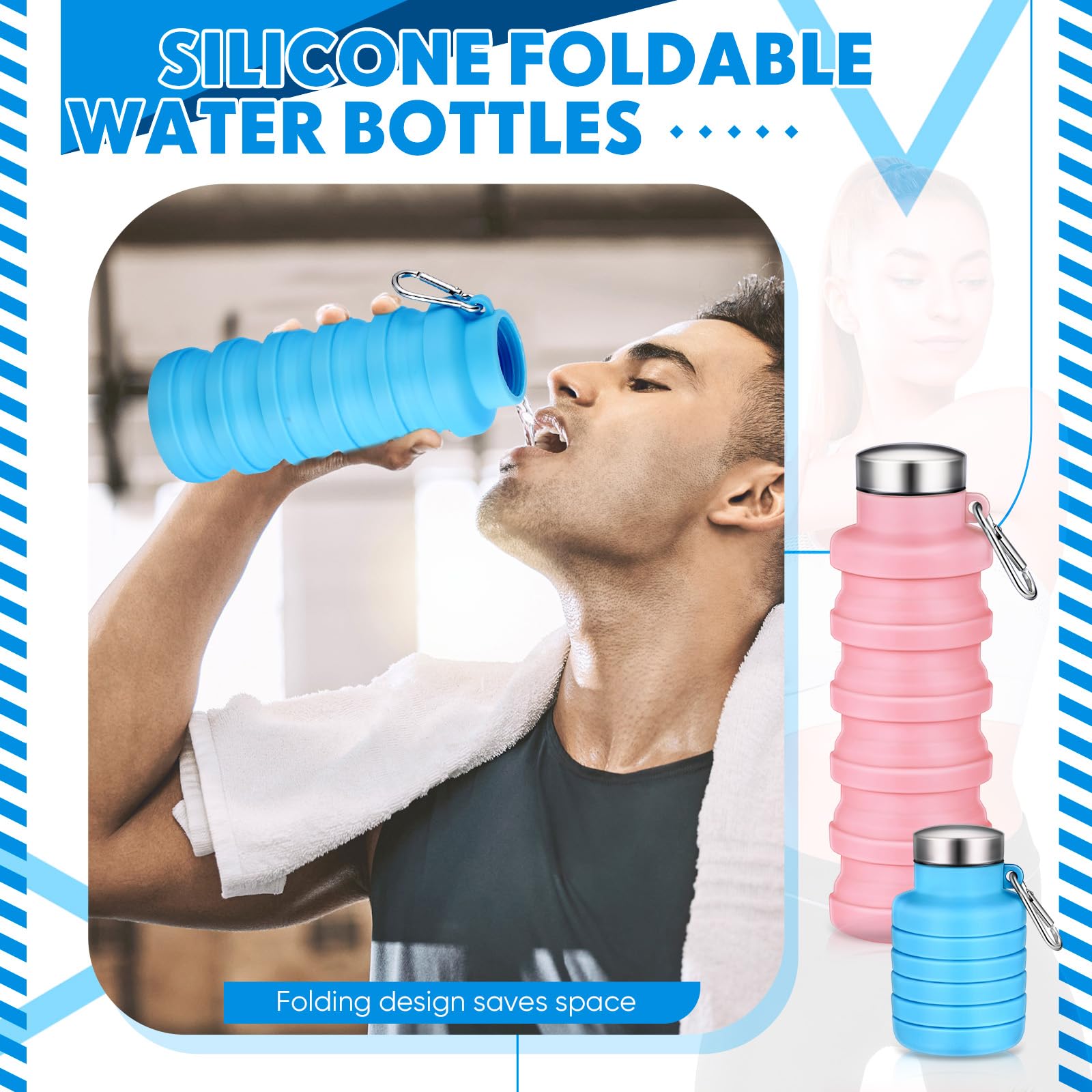 Baderke Faltbare Wasserflaschen aus Silikon, Reiseflasche, faltbar, tragbar, mit Schnalle, leicht, wiederverwendbar, auslaufsicher, für Camping, Wandern, Radfahren, Sport, Rosa, Blau, 2 Stück