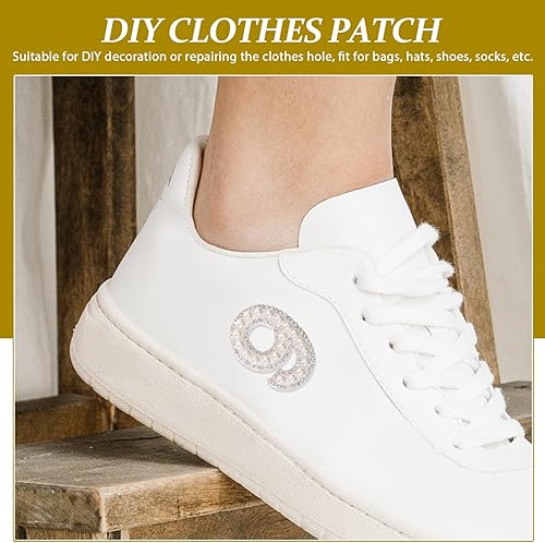 Miniatura 8 de EXCEART 10 parches de números del 0 al 9 con perlas y diamantes de imitación para planchar con apliques de bordado, calcomanías de bricolaje,